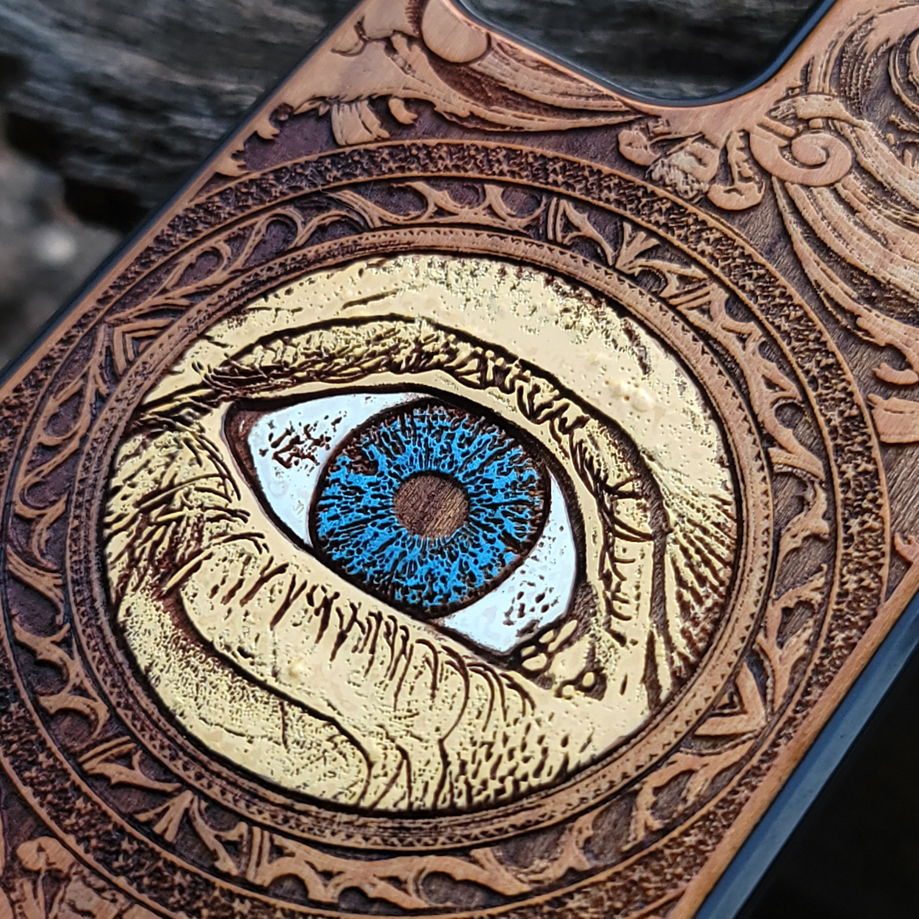 Gothic human skull artwork engraved on a wooden phone case, compatible with iPhone  and Samsung Galaxy S.