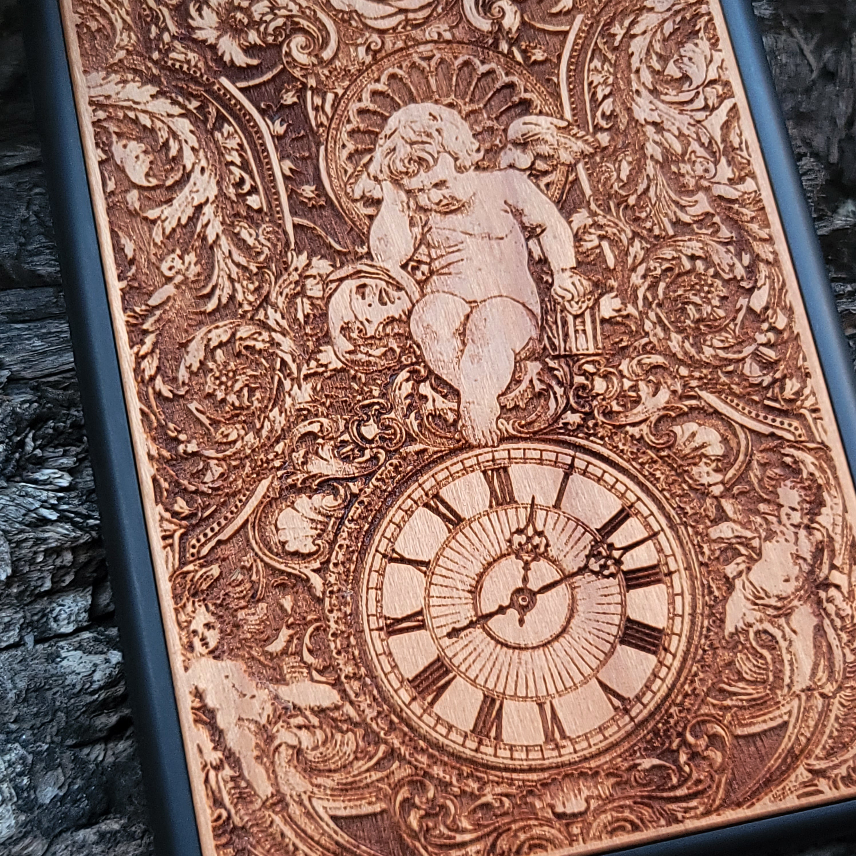 Handcrafted wooden phone case with gothic clock design, perfect for iPhone 16, Galaxy S25, and other models. Ideal for lovers of vintage and gothic aesthetics.