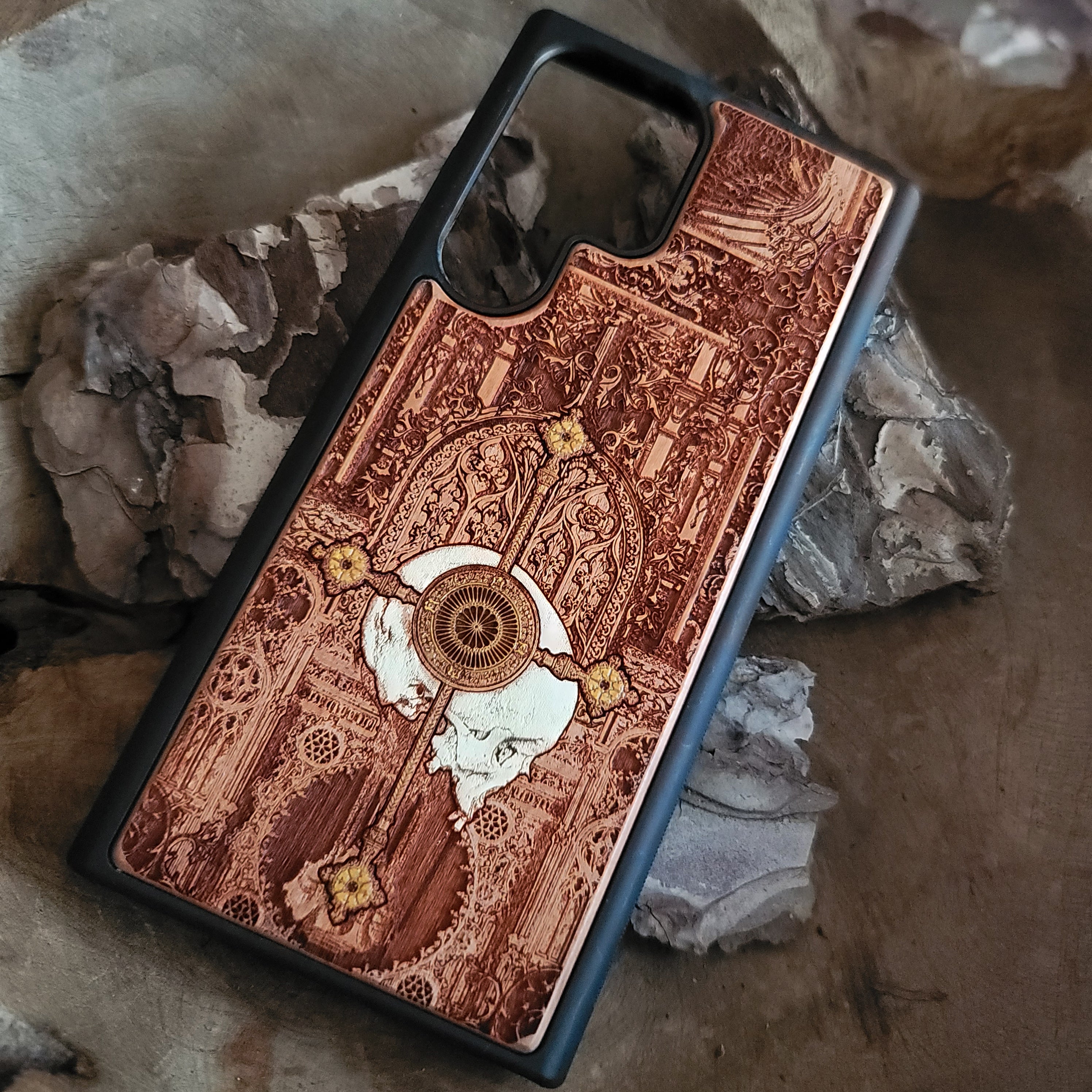Gothic human skeleton warrior engraved on a wooden phone case, compatible with iPhone and Samsung Galaxy
