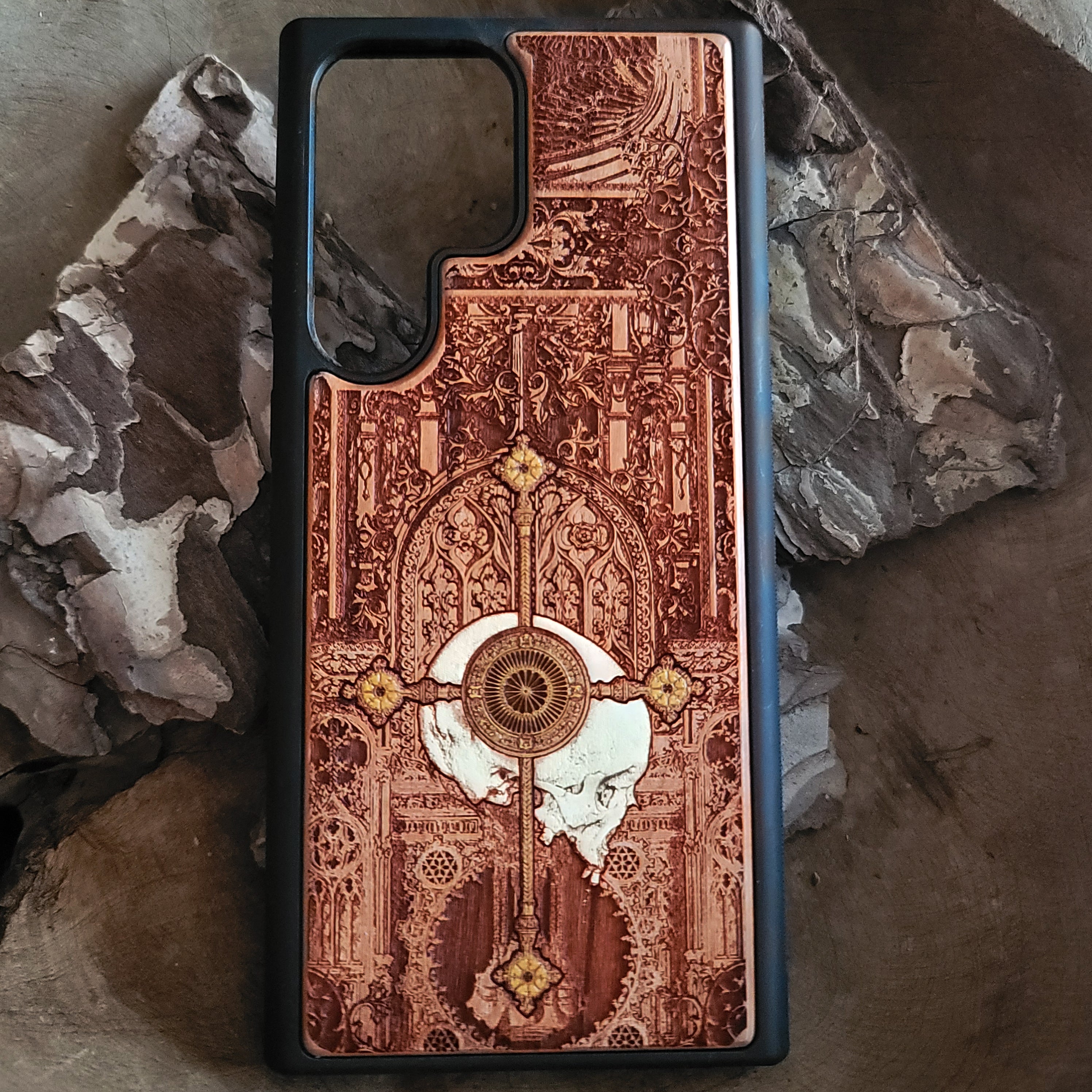 Gothic human skeleton warrior engraved on a wooden phone case, compatible with iPhone and Samsung Galaxy