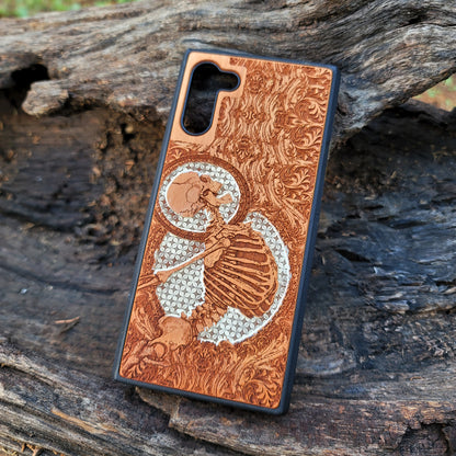 iPhone & Samsung Galaxy Wood Phone Case - Human Skeleton Stumble White Gothic Pattern Hand Painted
