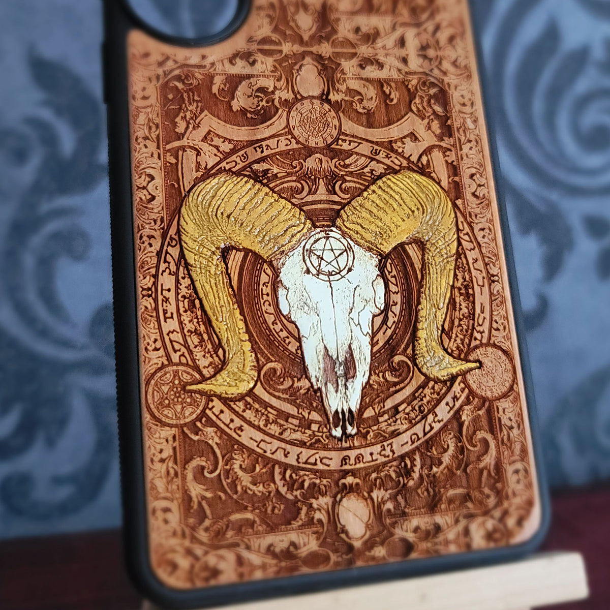 Baphomet Wooden Phone Case – Gothic Hand Painted