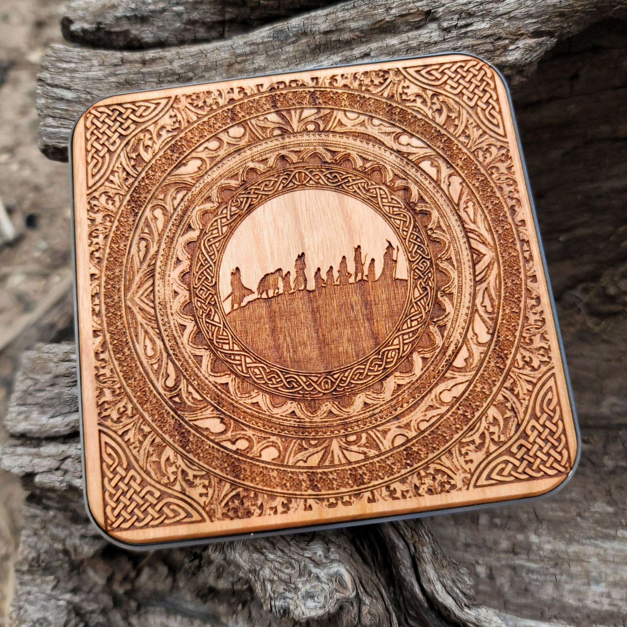 Overhead shot of Tolkien-inspired Fellowship design charger.
