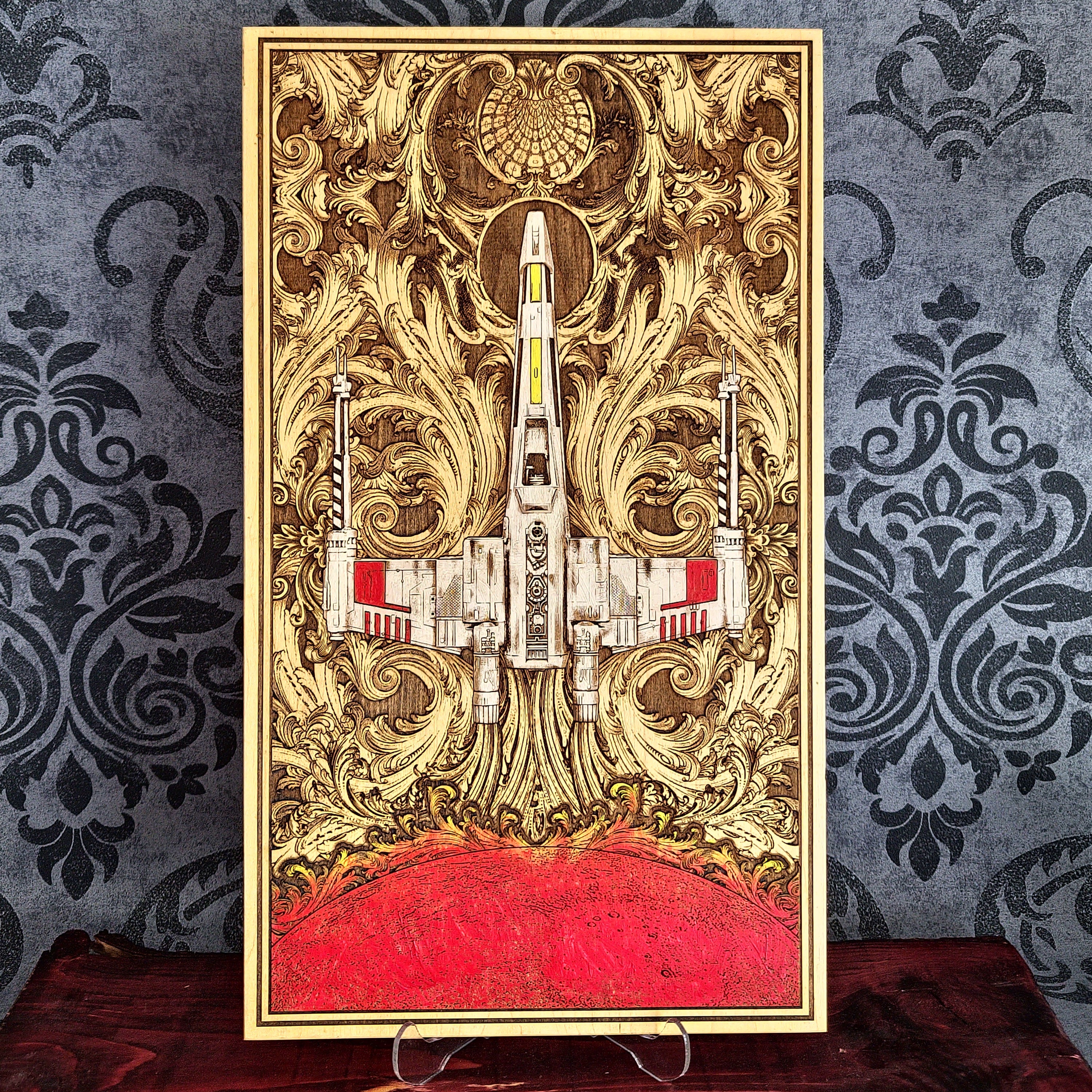 Handcrafted wooden space battle ship wall art, laser engraved and hand-painted on solid maple wood. A unique 5-year wood anniversary gift, perfect for sci-fi fans, movie lovers, and geeky collectors.