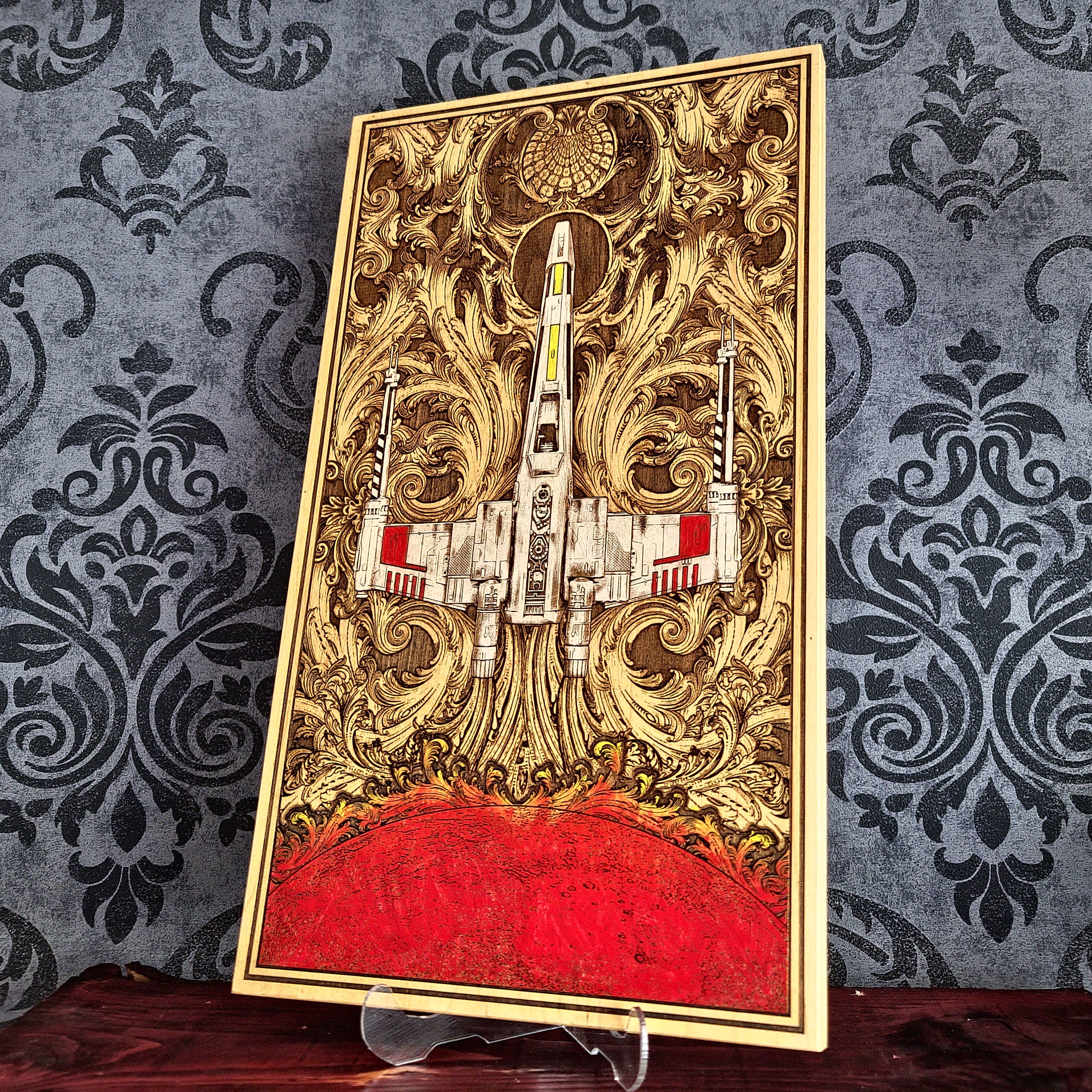 Handcrafted wooden space battle ship wall art, laser engraved and hand-painted on solid maple wood. A unique 5-year wood anniversary gift, perfect for sci-fi fans, movie lovers, and geeky collectors.