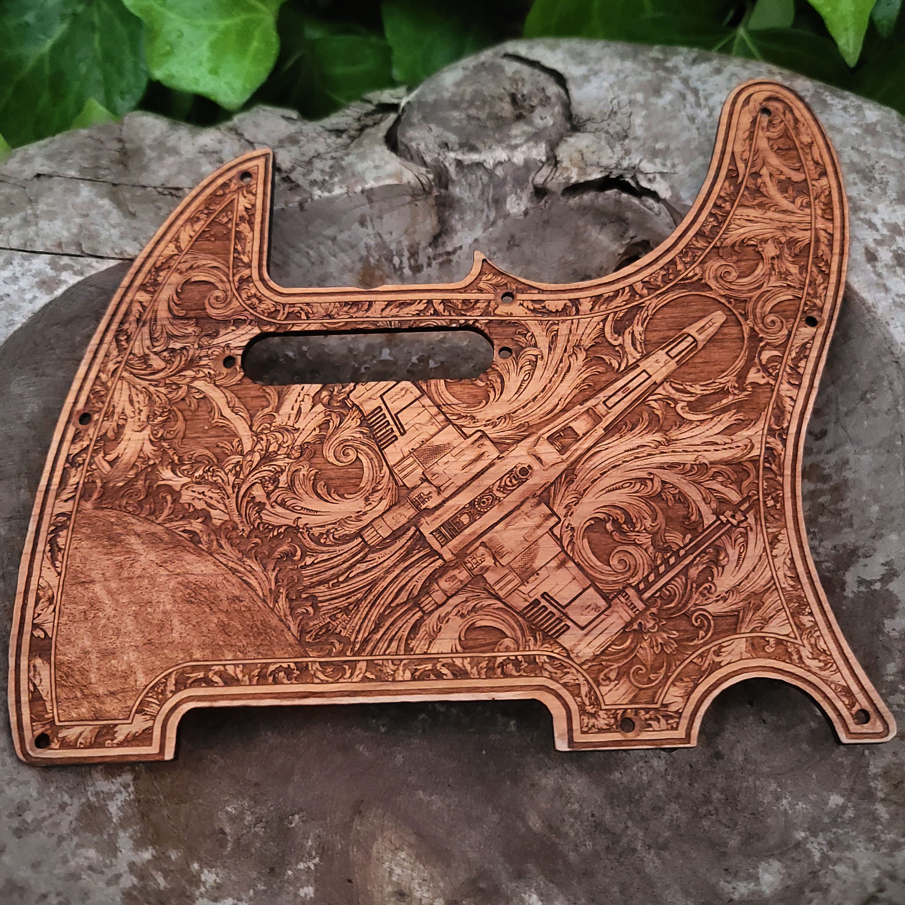 Wooden telecaster guitar pickguard with laser engraved x-wing design