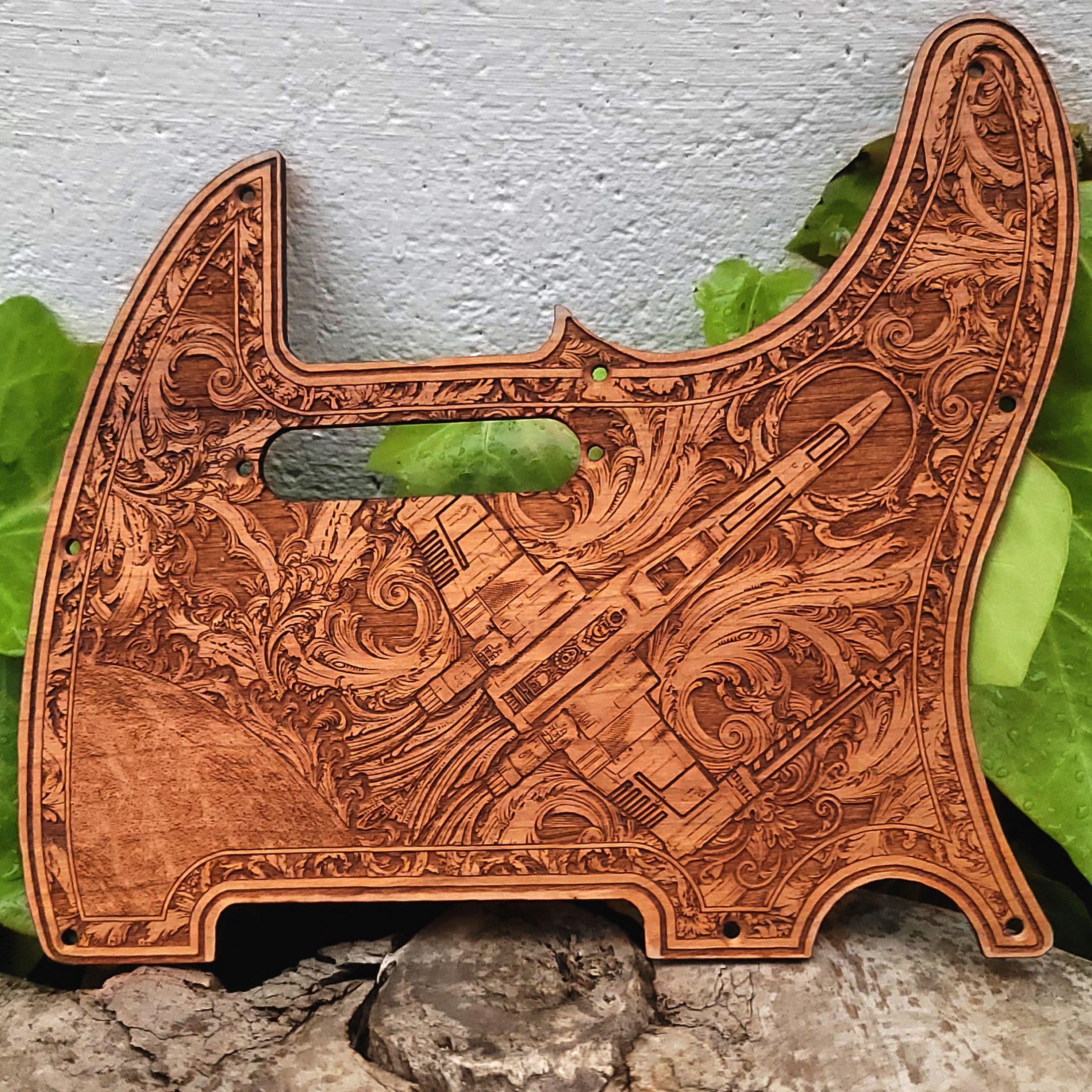Wooden telecaster guitar pickguard with laser engraved x-wing design
