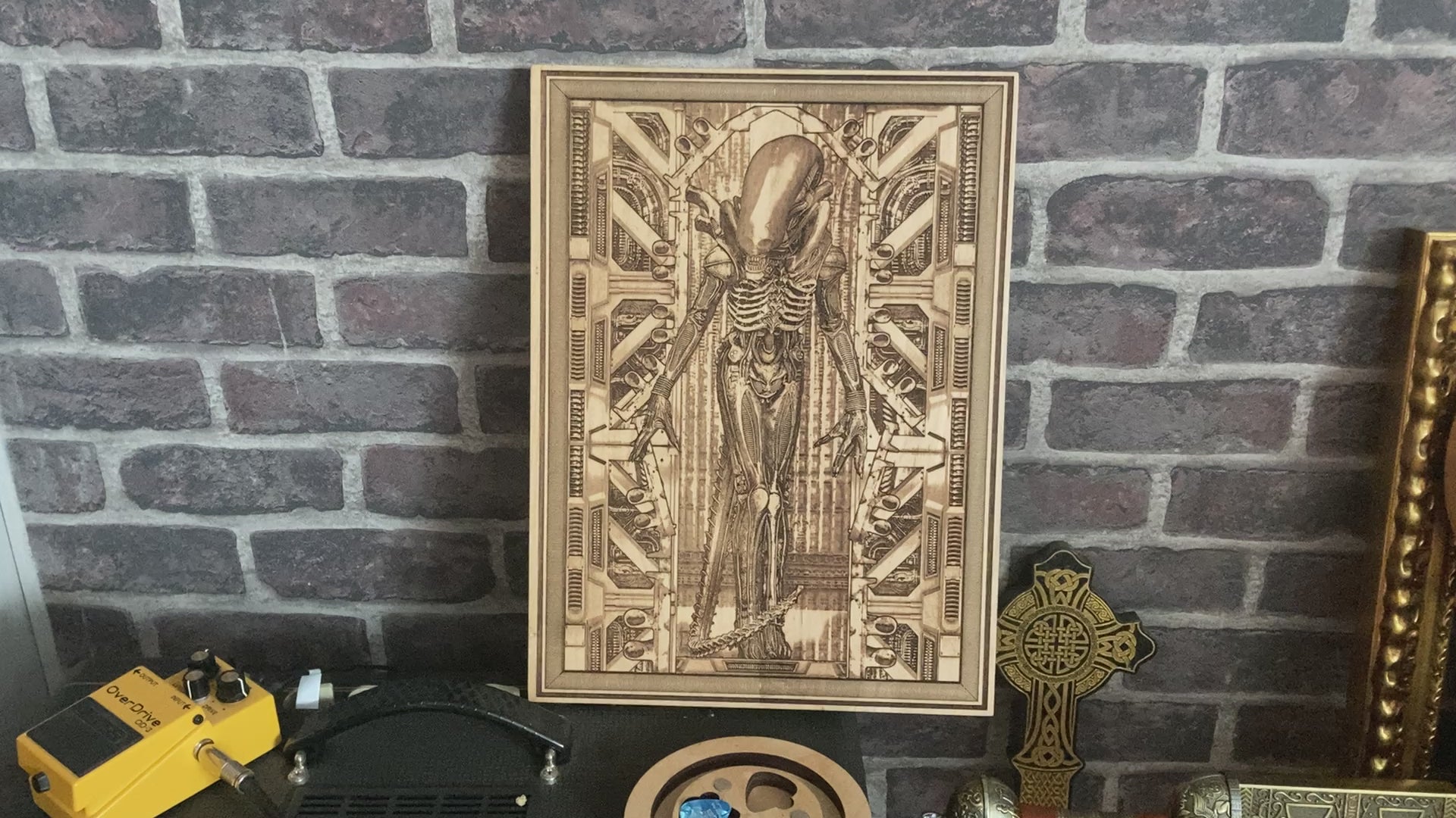 Engraved wood horror decor for sci-fi and Alien fans