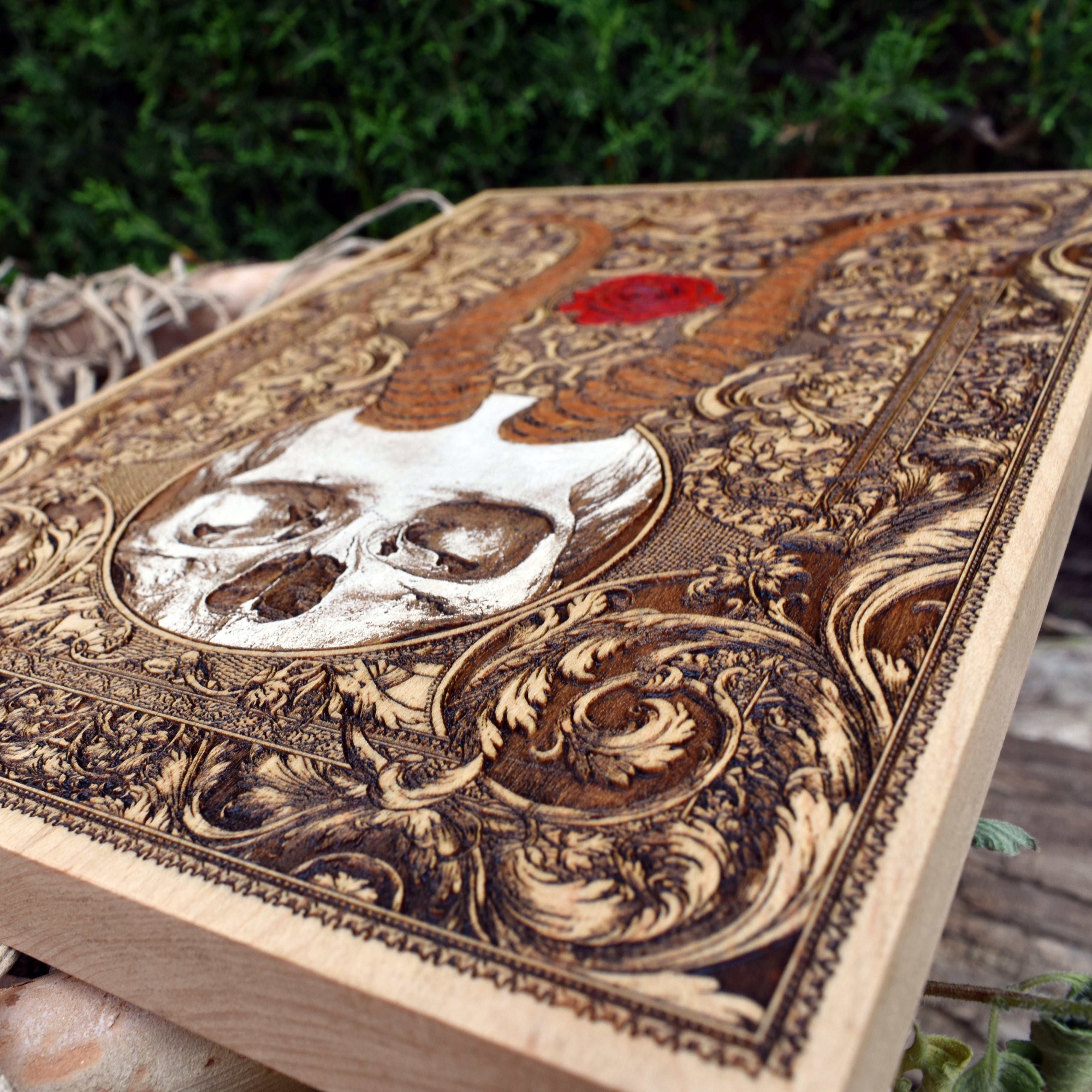 Beelzebub-style horned skull wall piece, gothic home or altar decor.