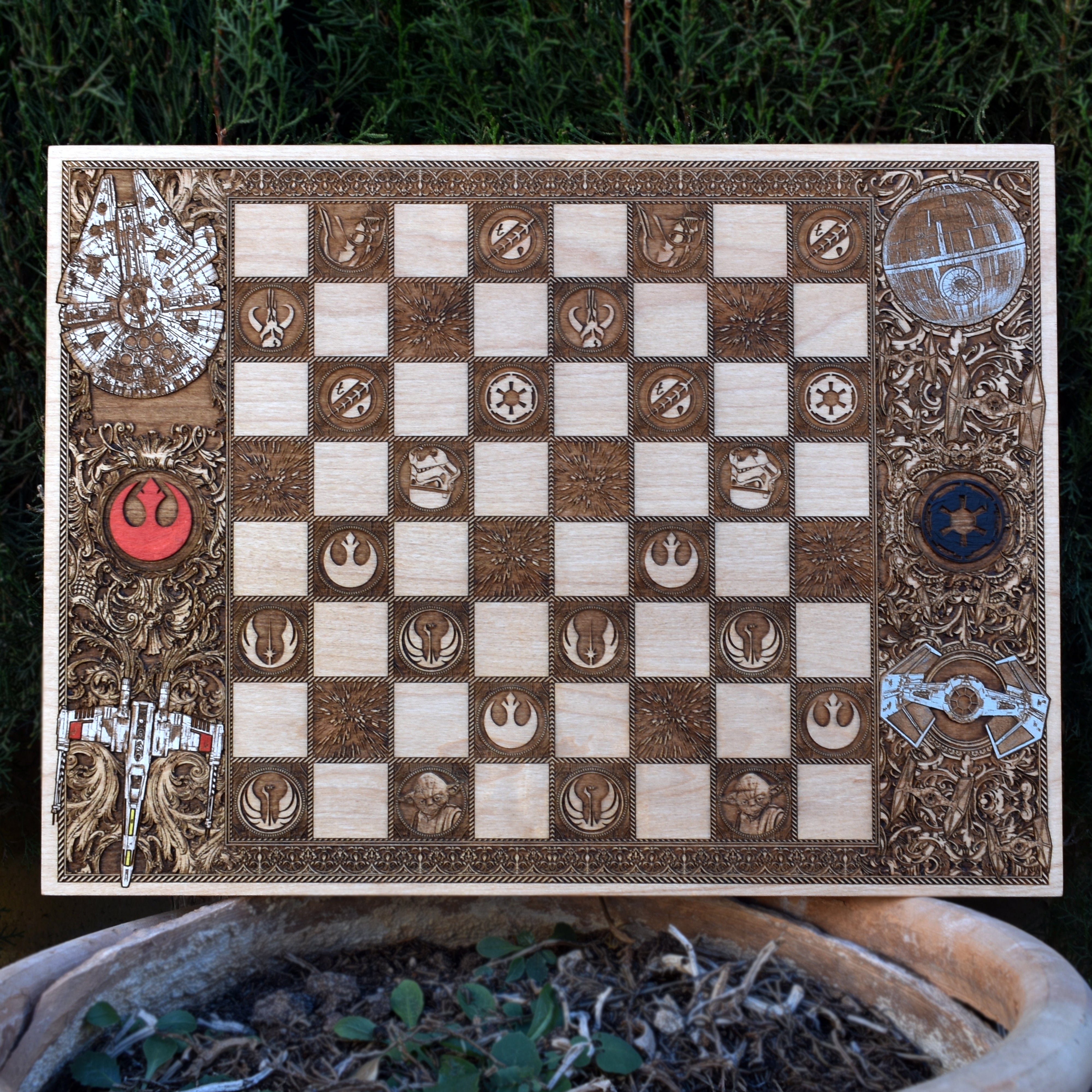 Handmade Star Wars chess board – laser-engraved wooden design, perfect 5-year anniversary gift