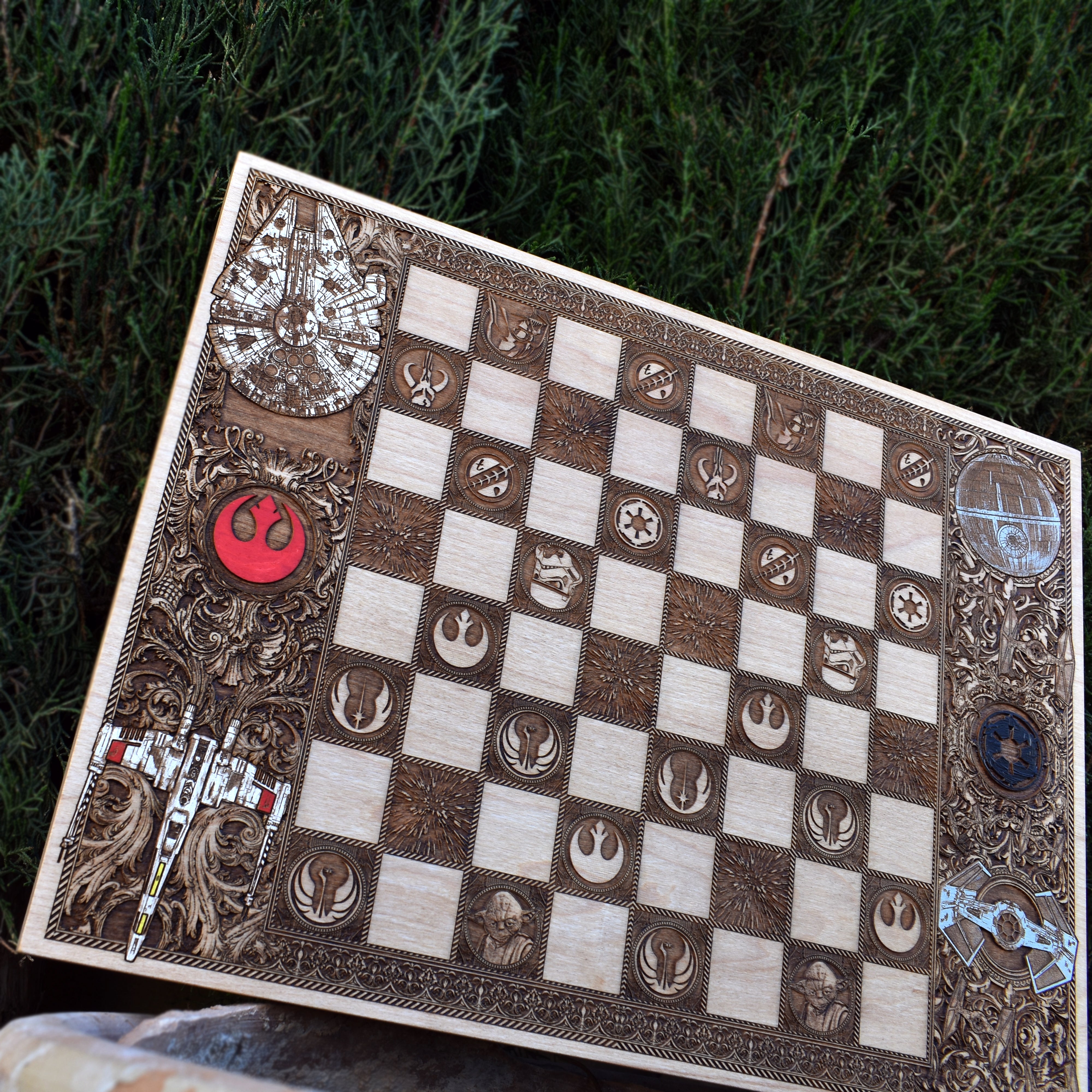 Luxury wooden chess board with intricate Star Wars engraving – best chess gift for collectors