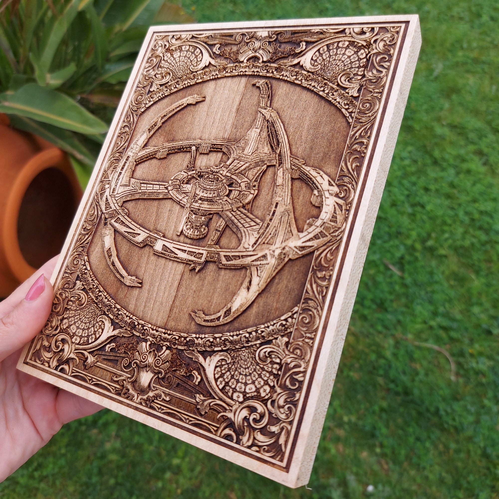 High-detail Starship Enterprise wood art for futuristic home styling