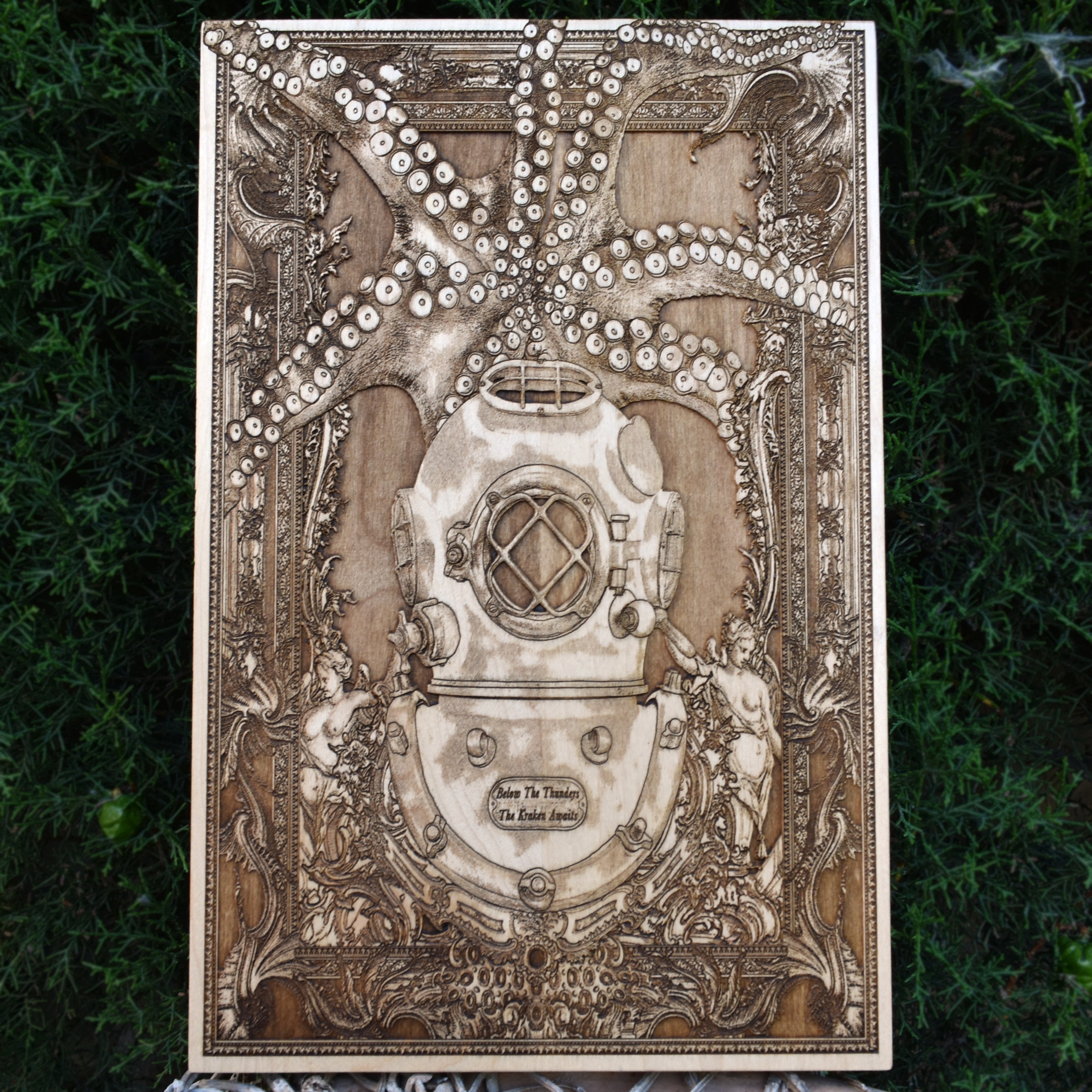 Handcrafted nautical wood art featuring a vintage dive helmet and Kraken beneath, perfect for ocean lovers and divers.