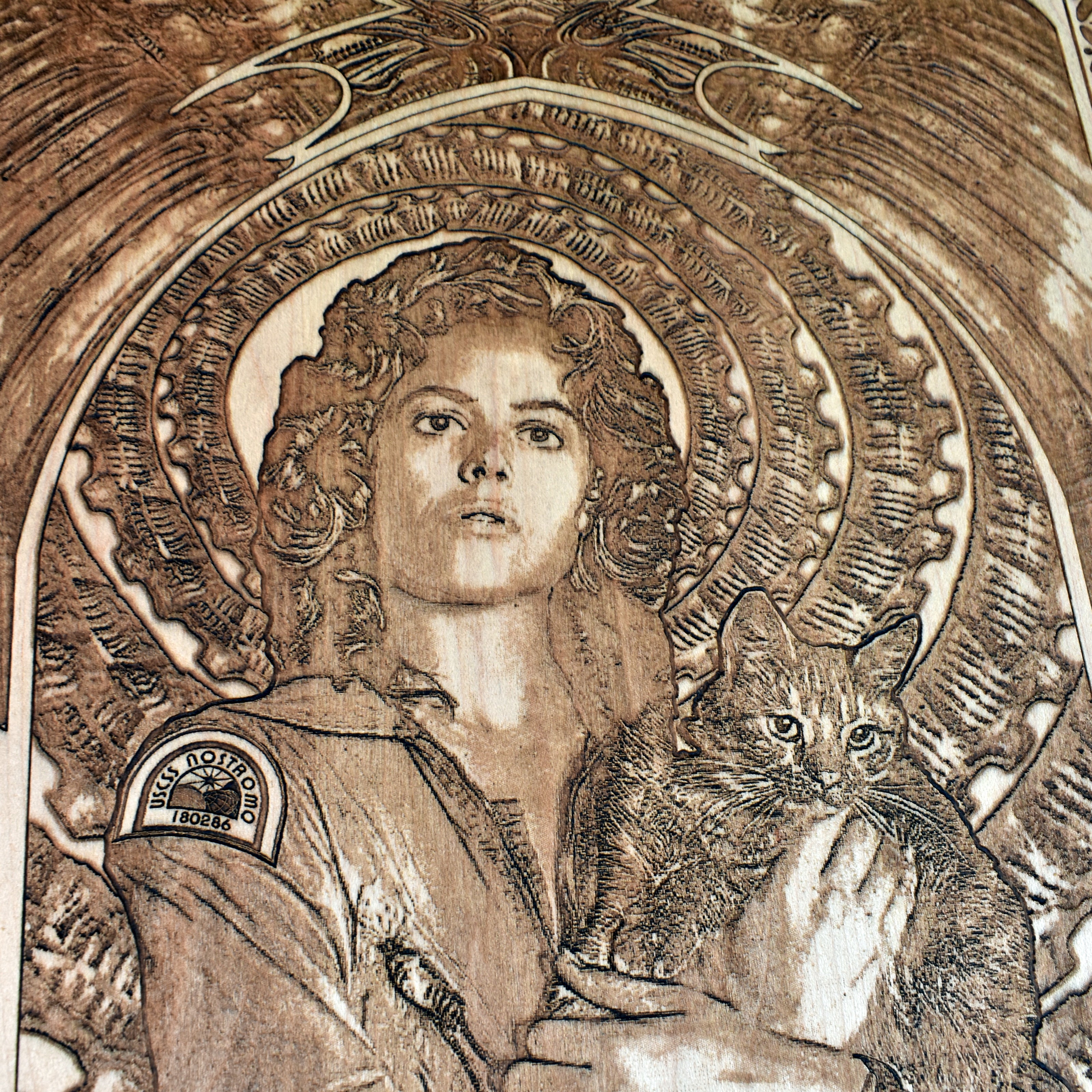 Horror movie wood art with Ellen Ripley in dark space theme