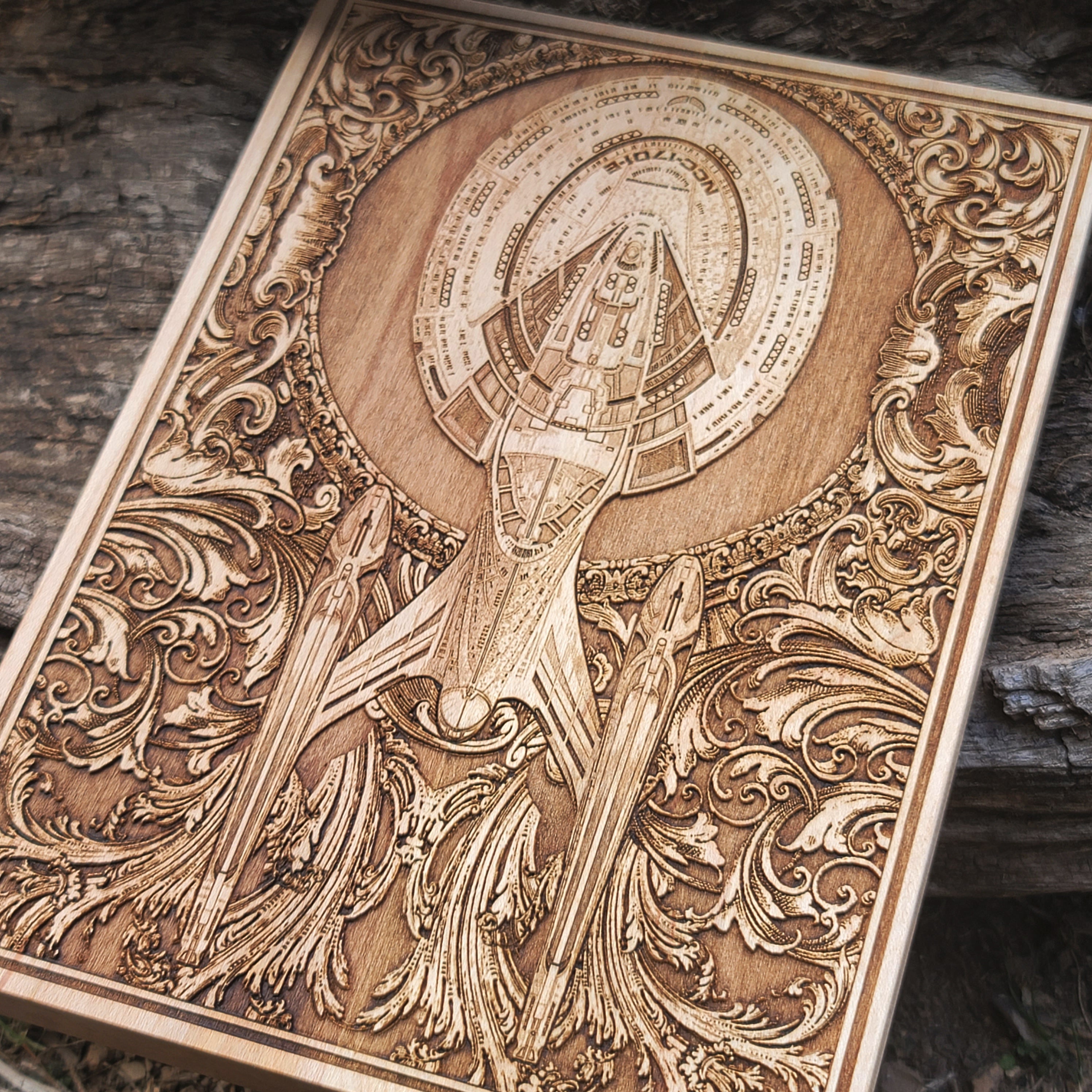 Unique Enterprise-inspired wood engraving, ideal for sci-fi fans, geek gifts, and space-themed interior decor.