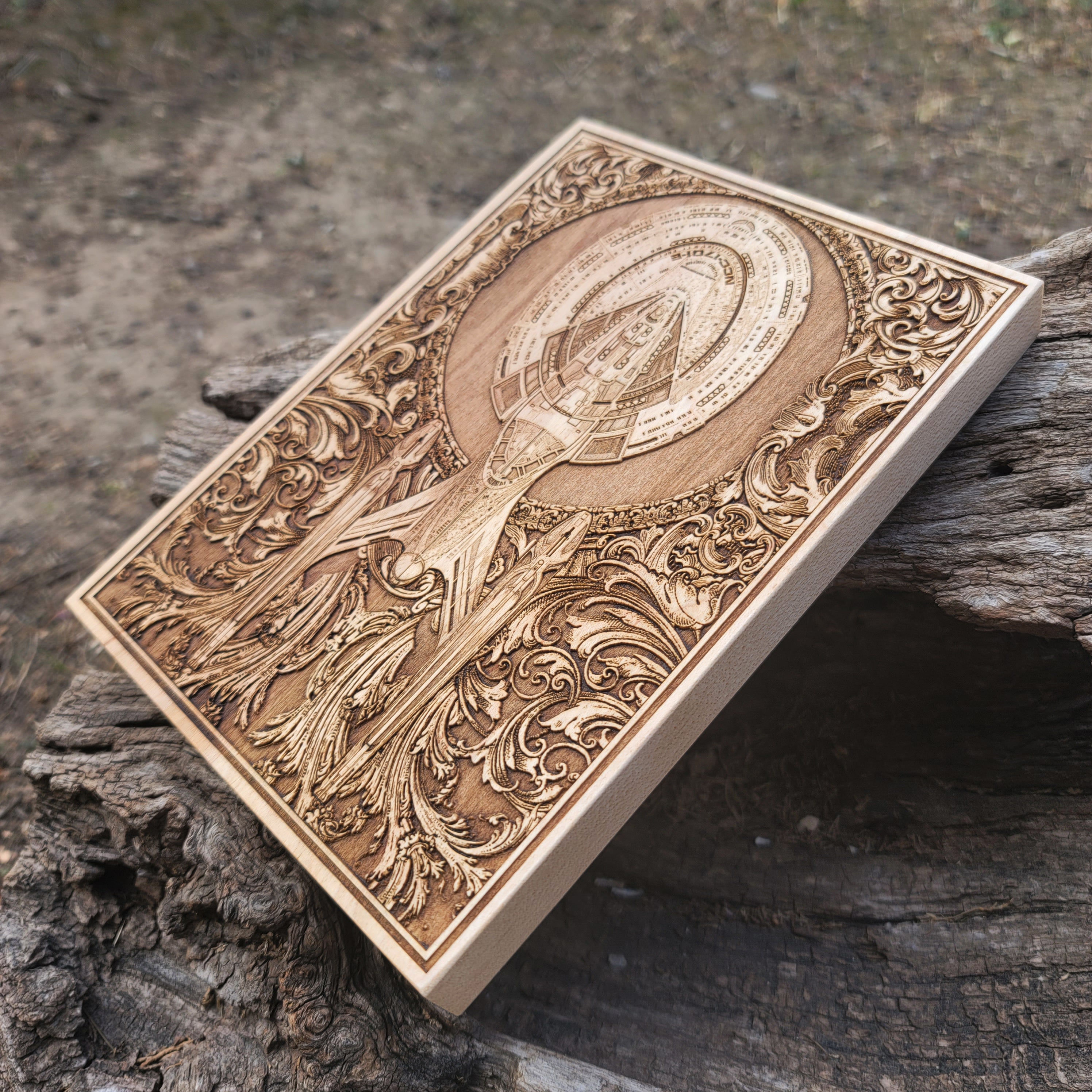 Engraved wood wall art featuring a detailed Enterprise ship, ideal for geek home decor and sci-fi gift ideas.