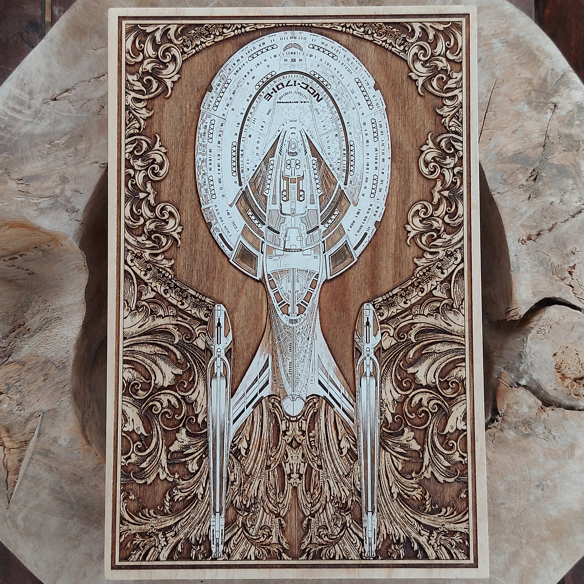 Enterprise NCC-1701E wood wall art in anatomical style, hand-painted and engraved.