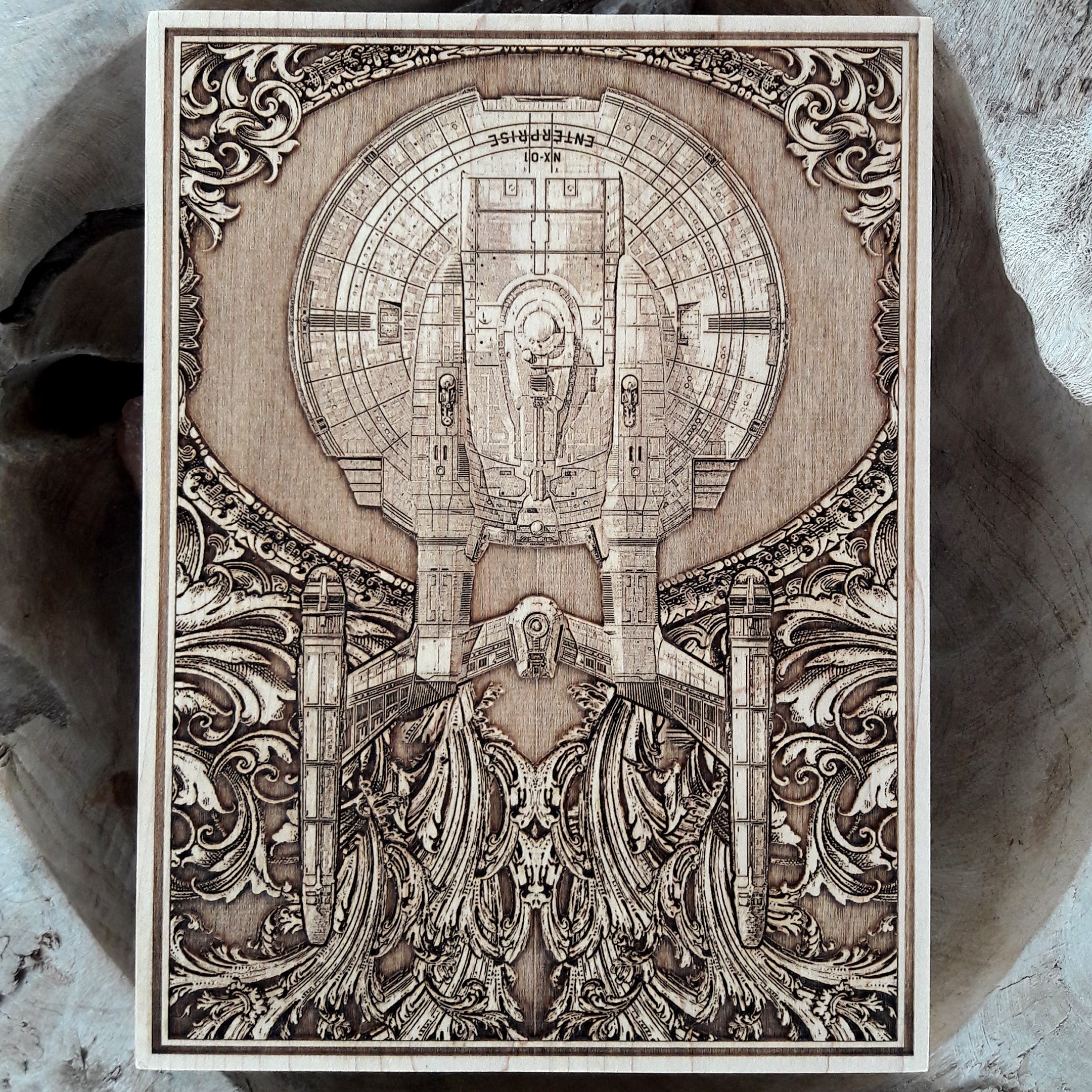 Enterprise starship wood wall art, laser-engraved for sci-fi lovers. Geeky space decor for collectors and enthusiasts.