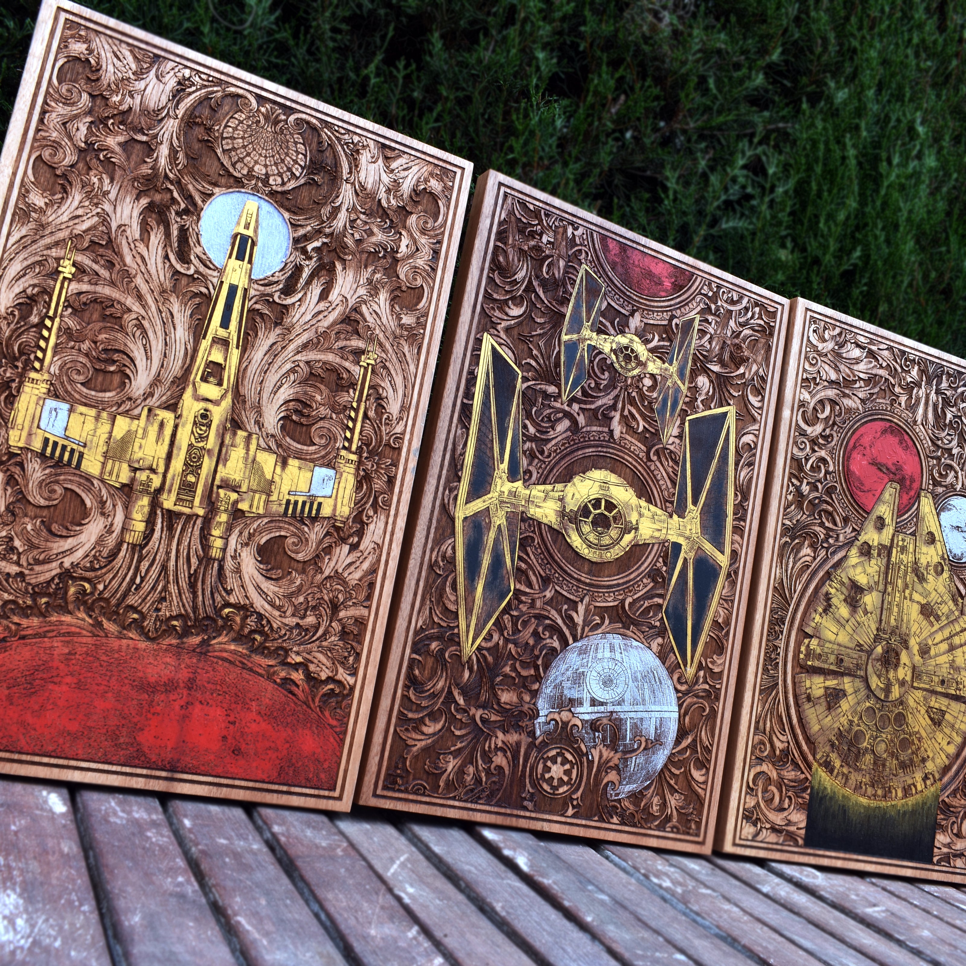 Close-up of the golden Millennium Falcon on a handcrafted cedar wood panel, part of a limited edition Star Wars triptych.