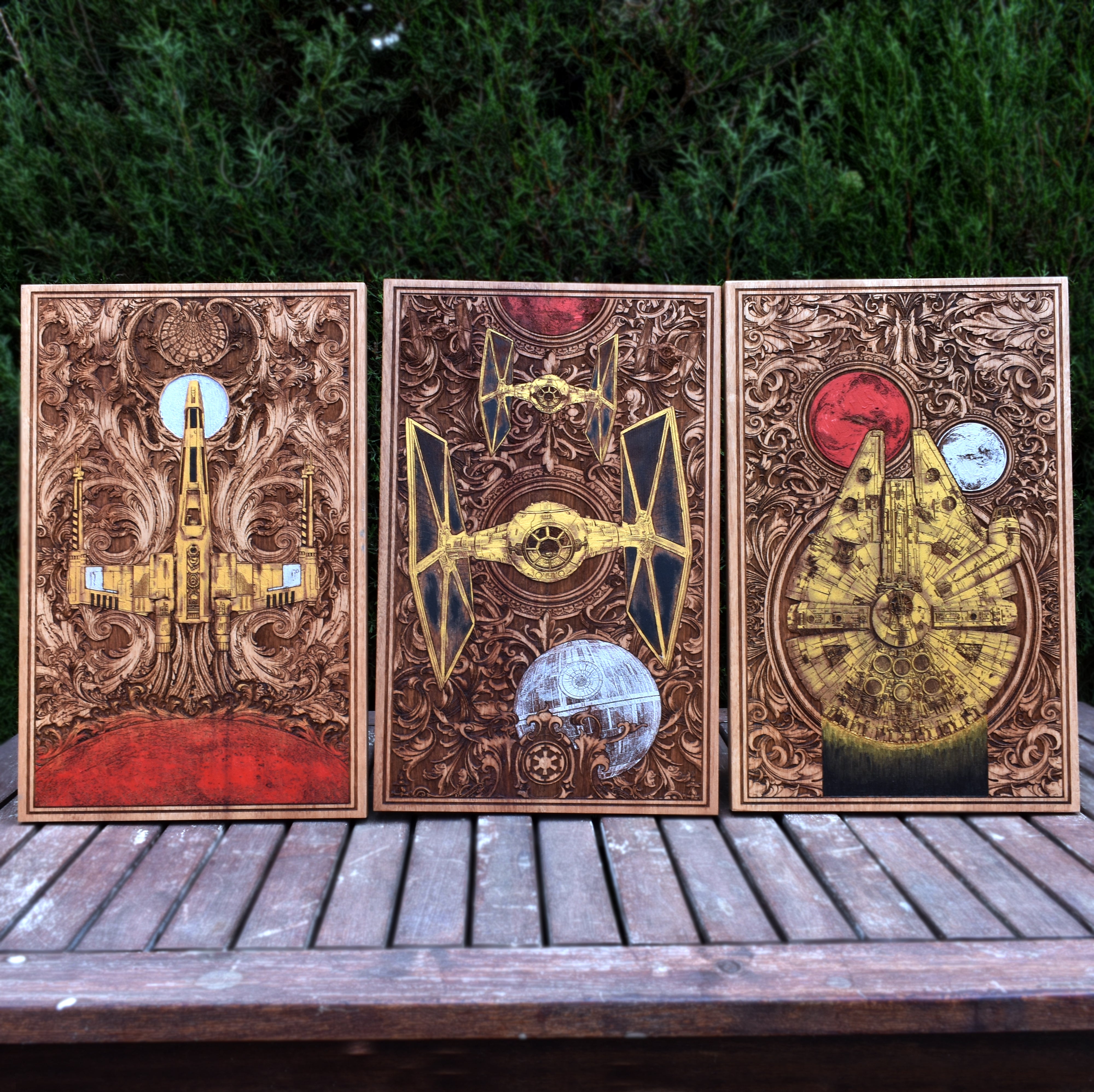 Hand-painted cedar wood triptych featuring golden Star Wars ships – X-Wing, TIE Fighter, and Millennium Falcon. A unique sci-fi art piece.