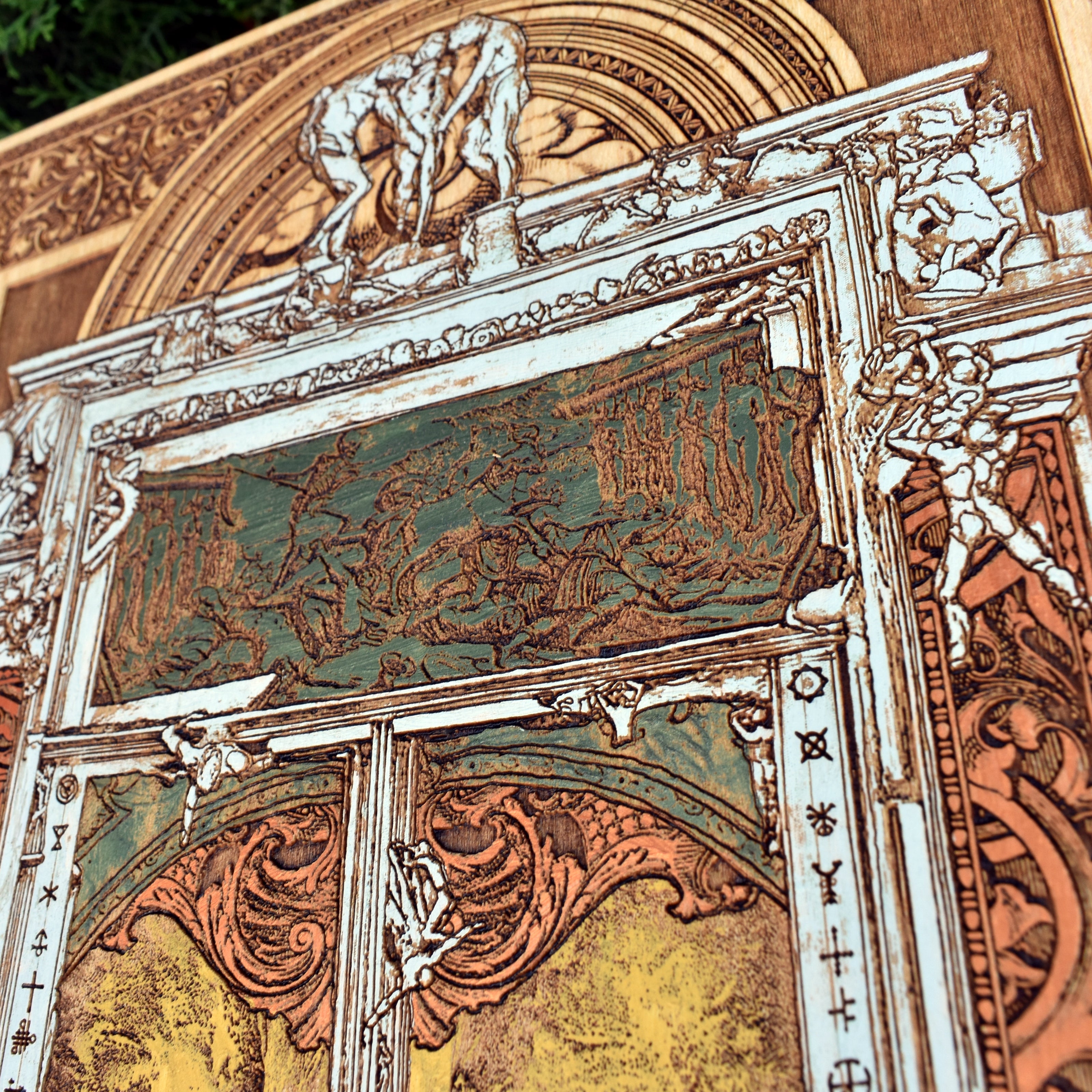 Unique maple wood engraving of ‘Gates of Hell’ – a mesmerizing blend of dark art and expert craftsmanship.