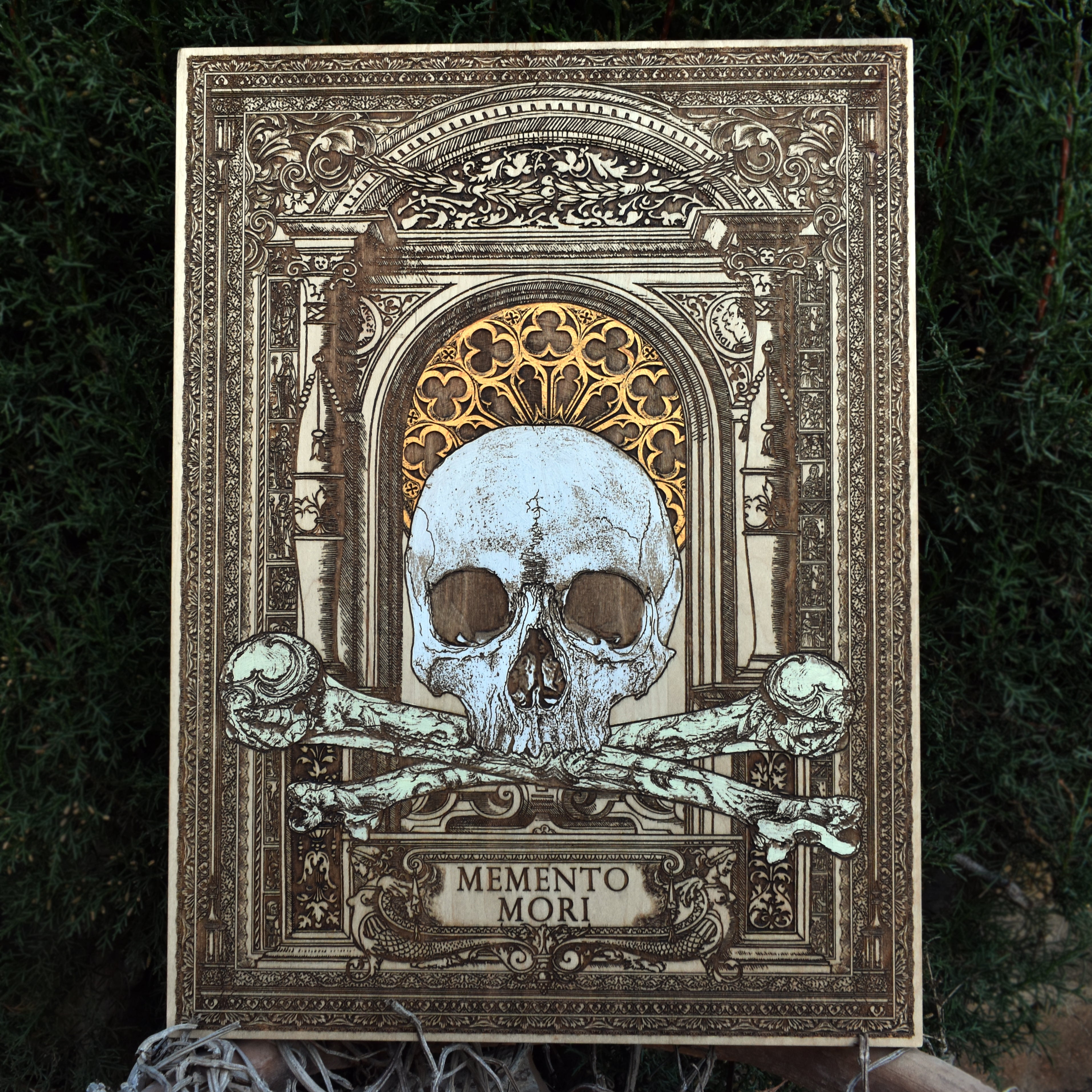 Dark and gothic Memento Mori triptych with engraved skulls on premium maple wood. Collector's edition decor with haunting details.