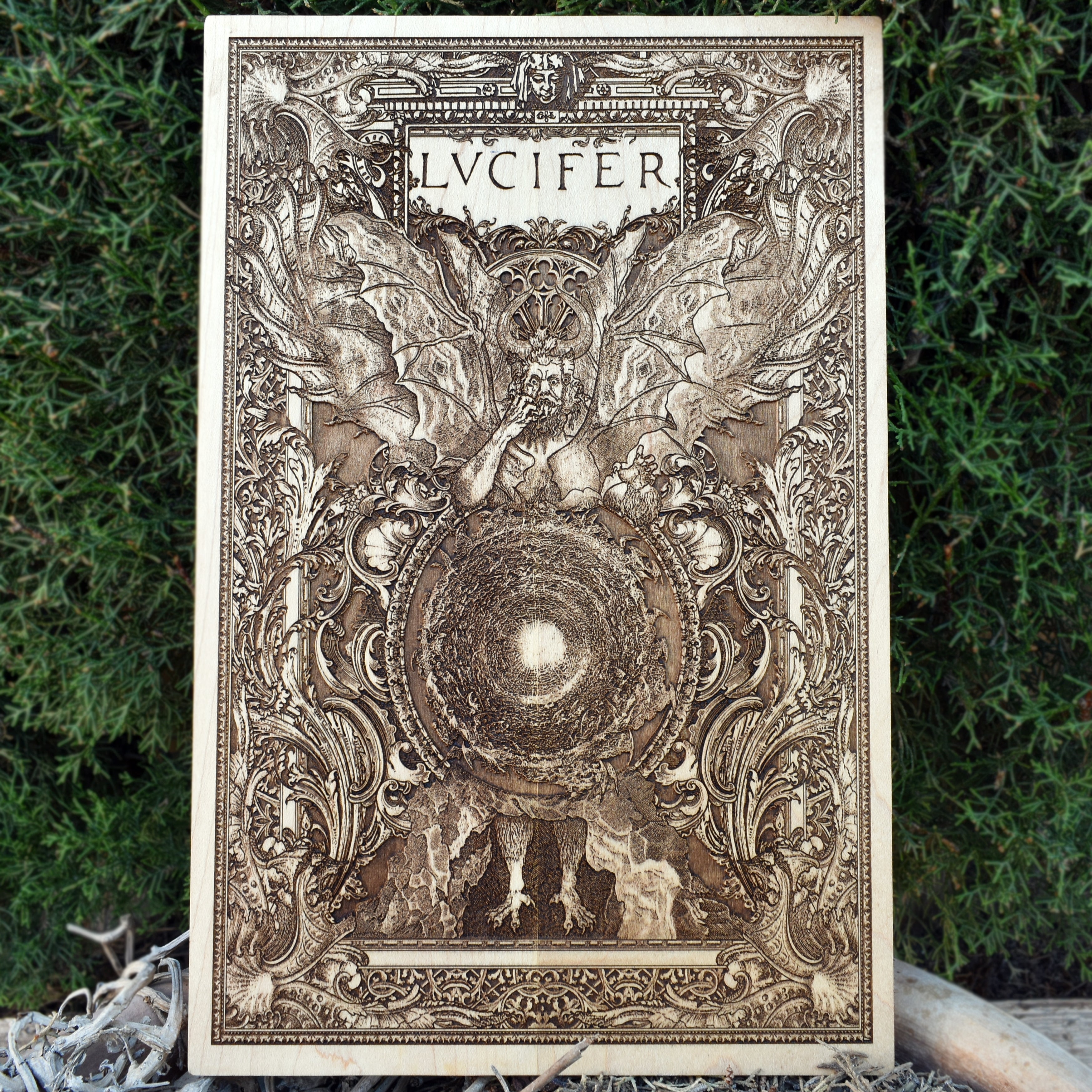 Lucifer Satanic wood artwork featuring a gothic devil design, perfect for horror decor, pagan altars, and satanic temple wall art.