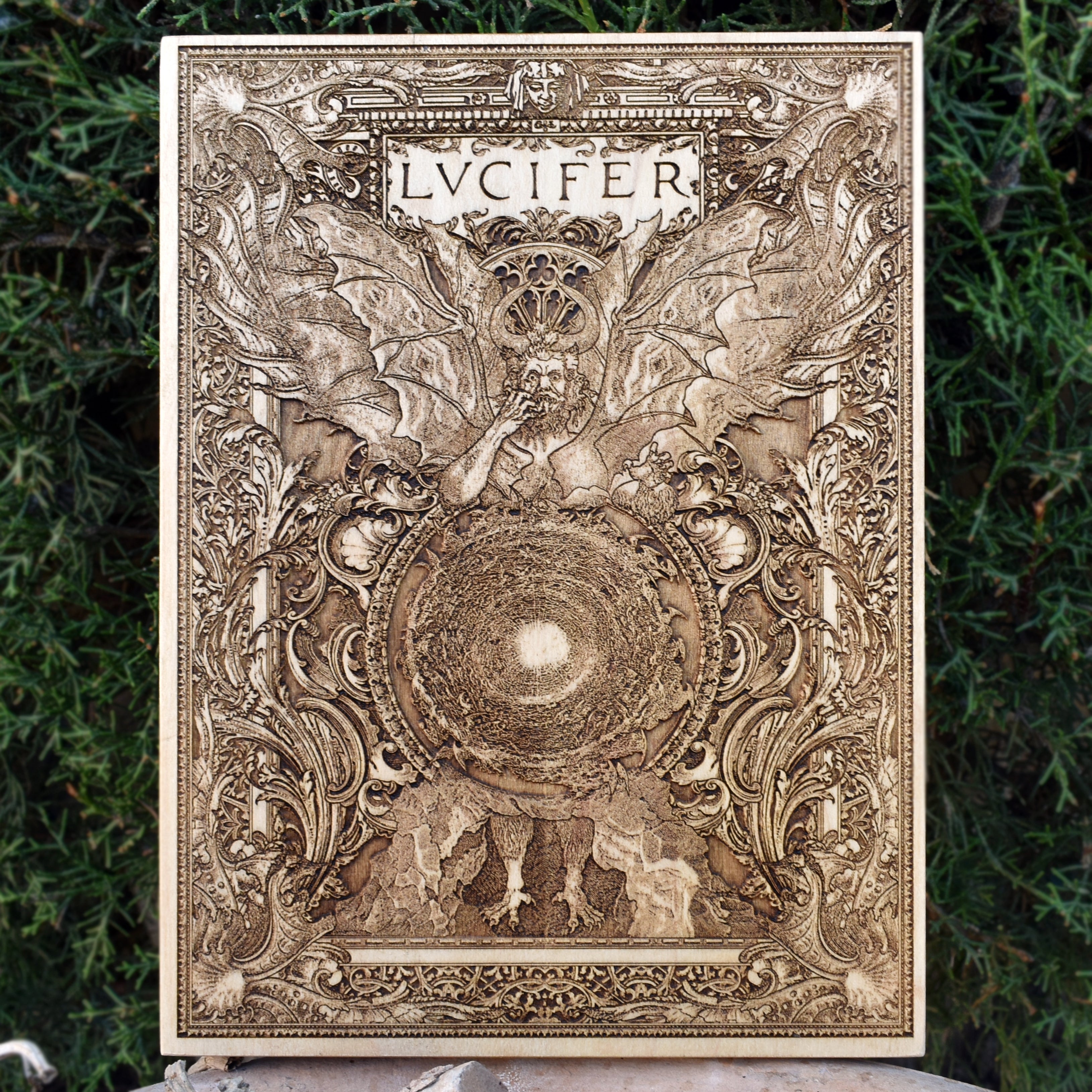 Vintage Lucifer Satan woodcut art – handcrafted gothic occult wall decor.