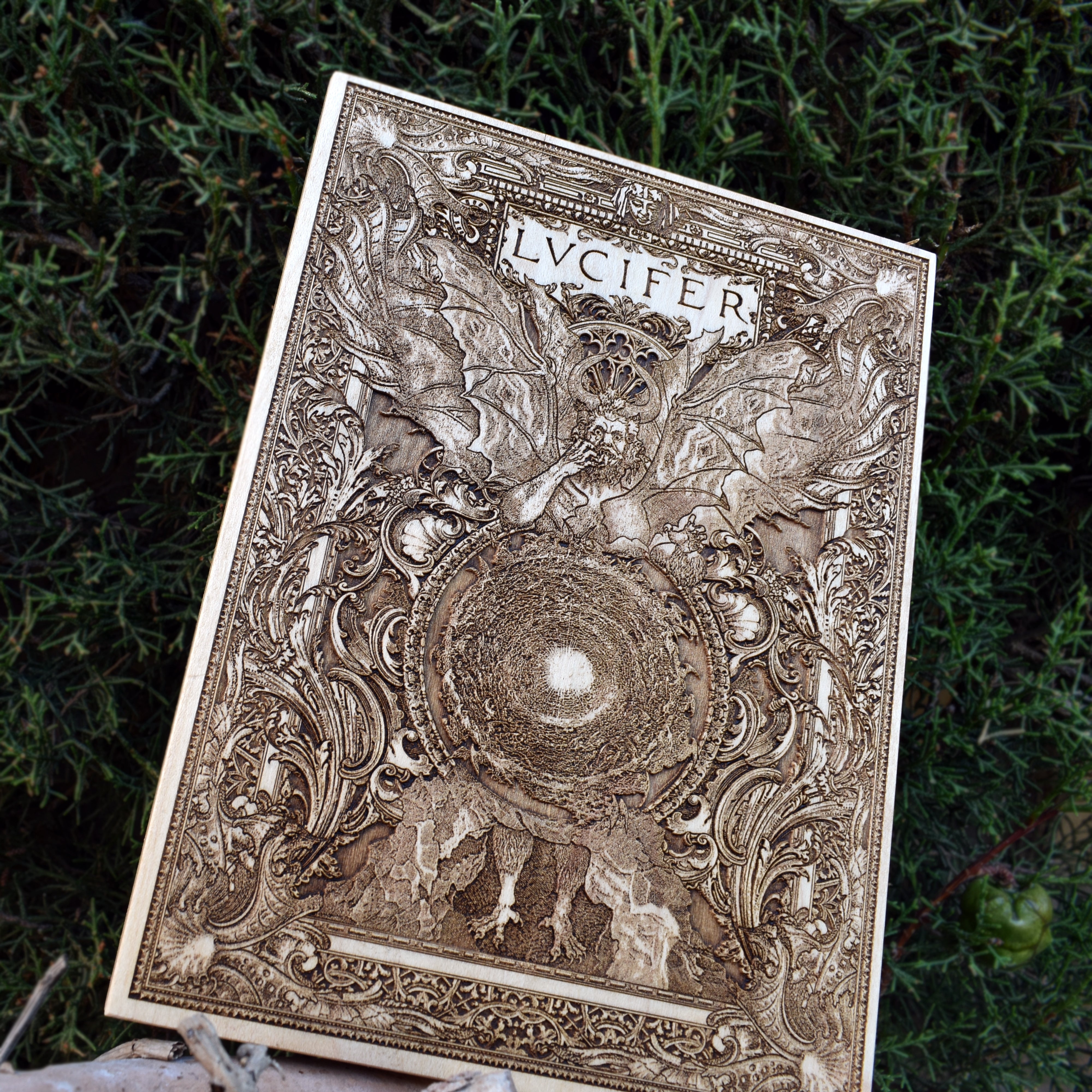 Dark pagan devil artwork on wood – perfect for horror and altar settings.