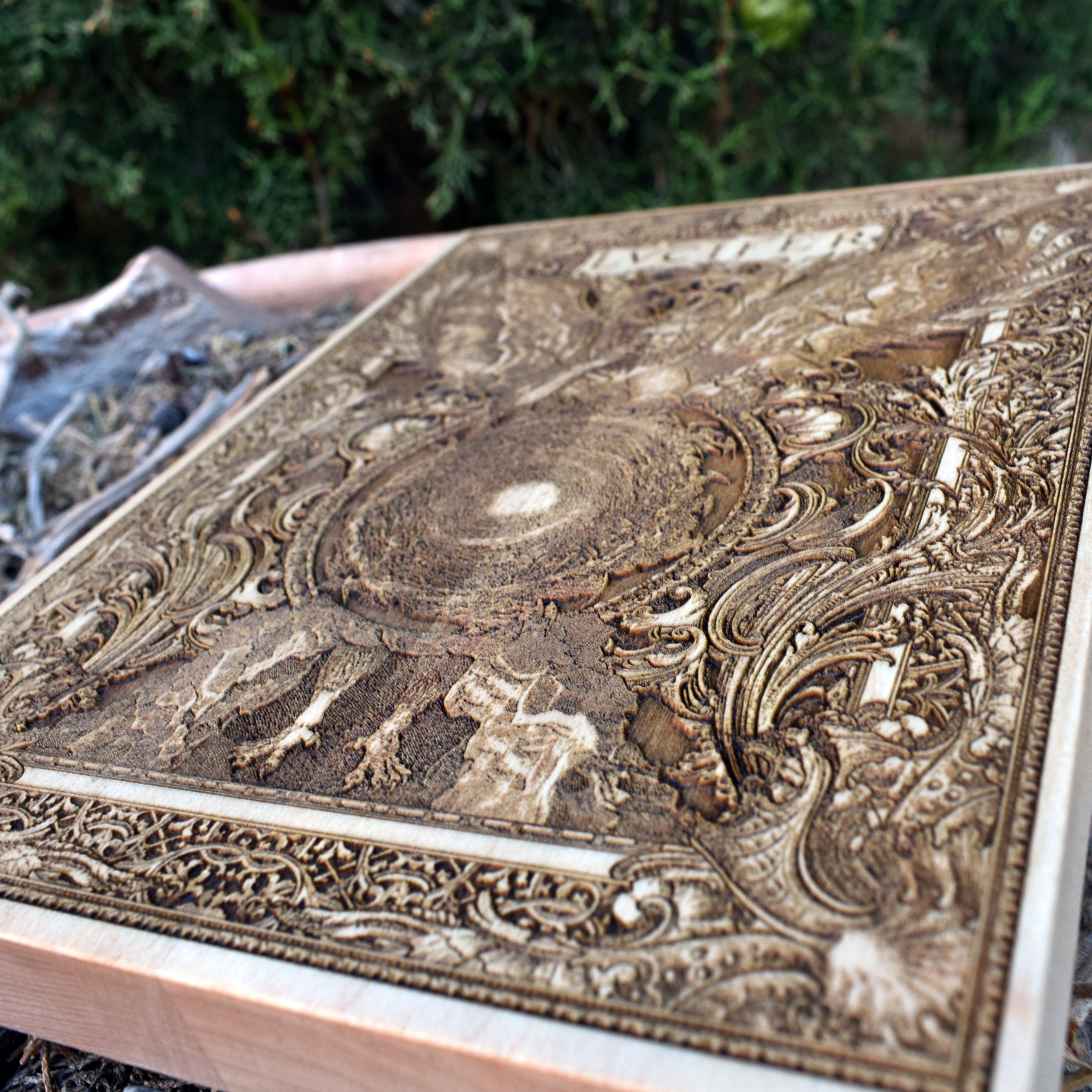 Satanic temple-inspired wooden Lucifer art for gothic home decor.