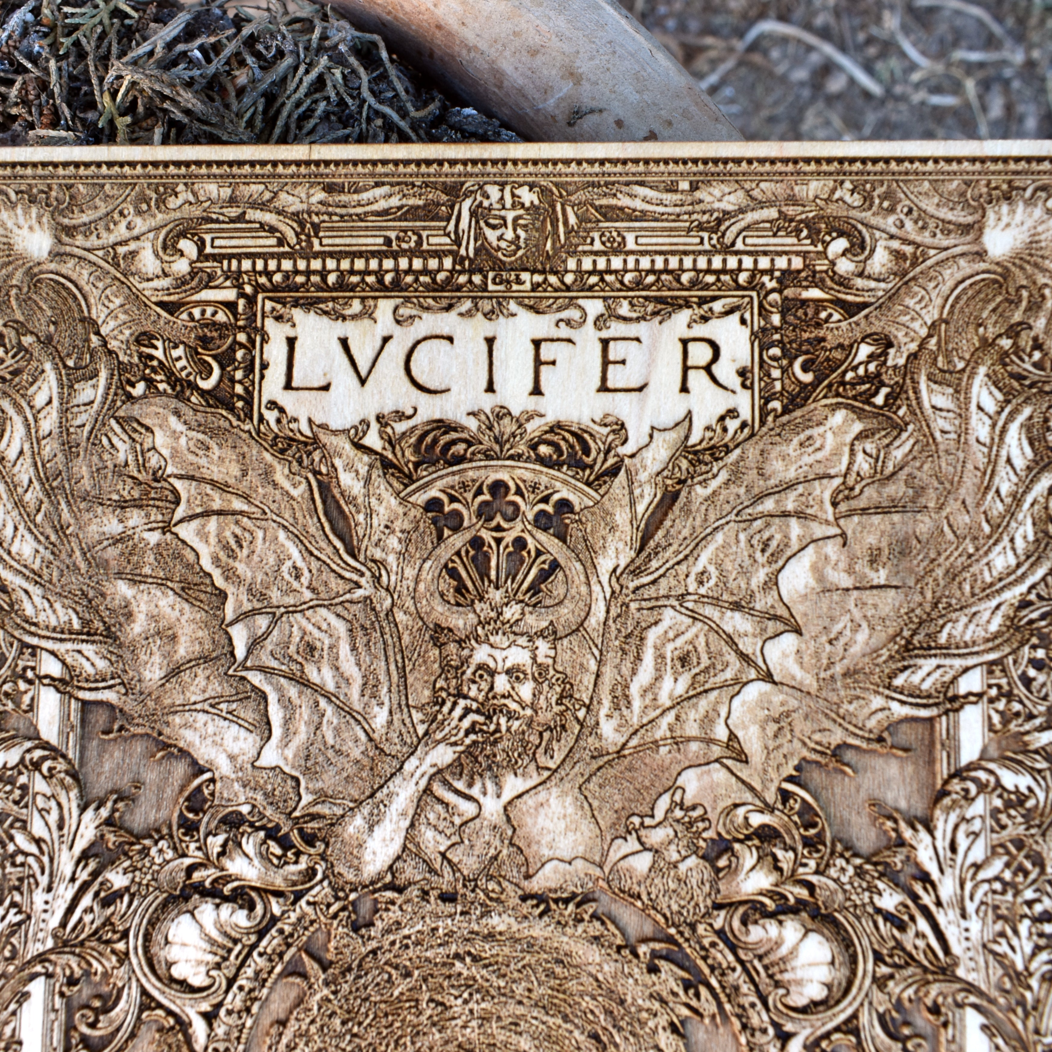 Dark satanic altar art – engraved Lucifer woodcut for gothic enthusiasts.