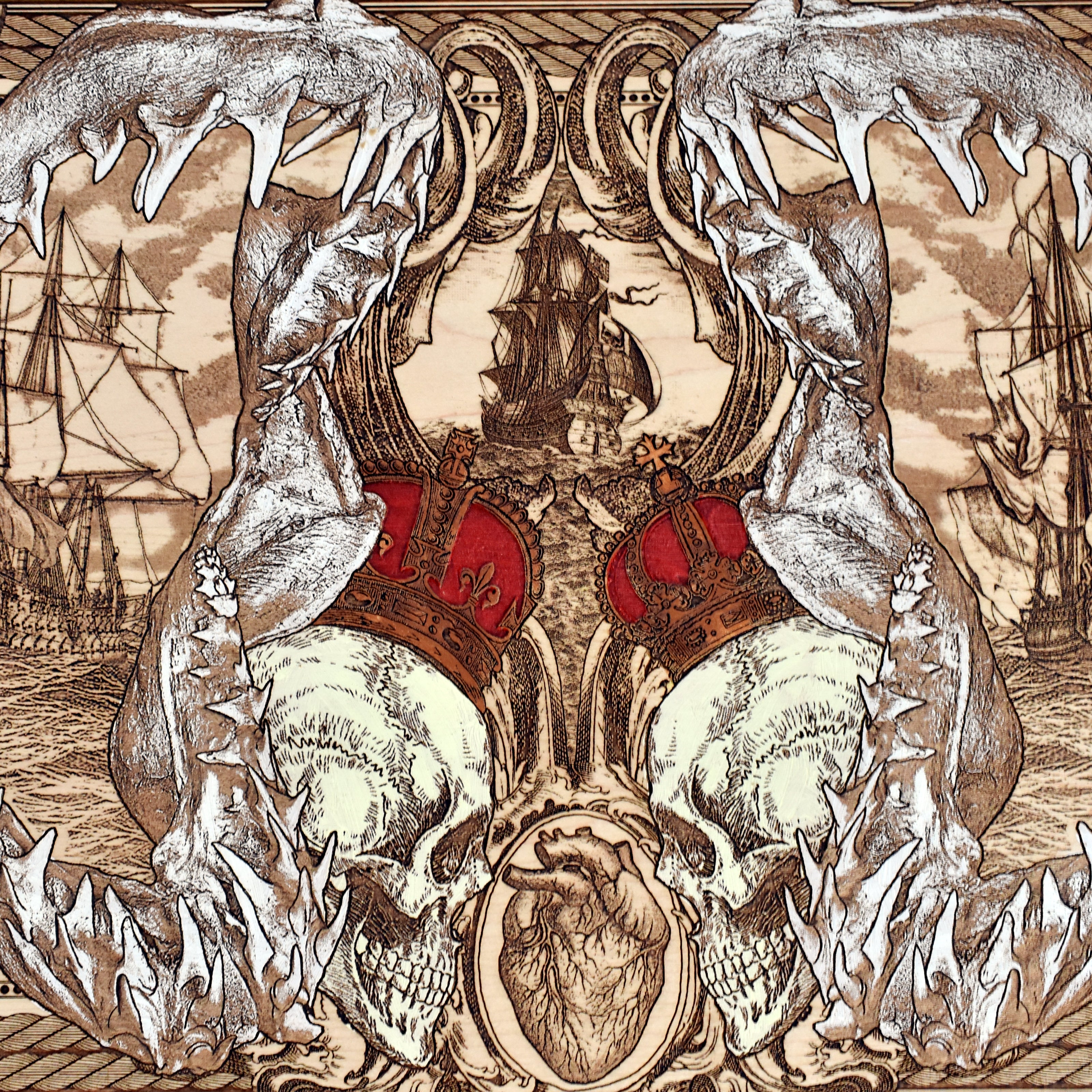Extra-large shark jaw and pirate ship wood wall art, front detail of the ship, shark jaw, skulls and octopus