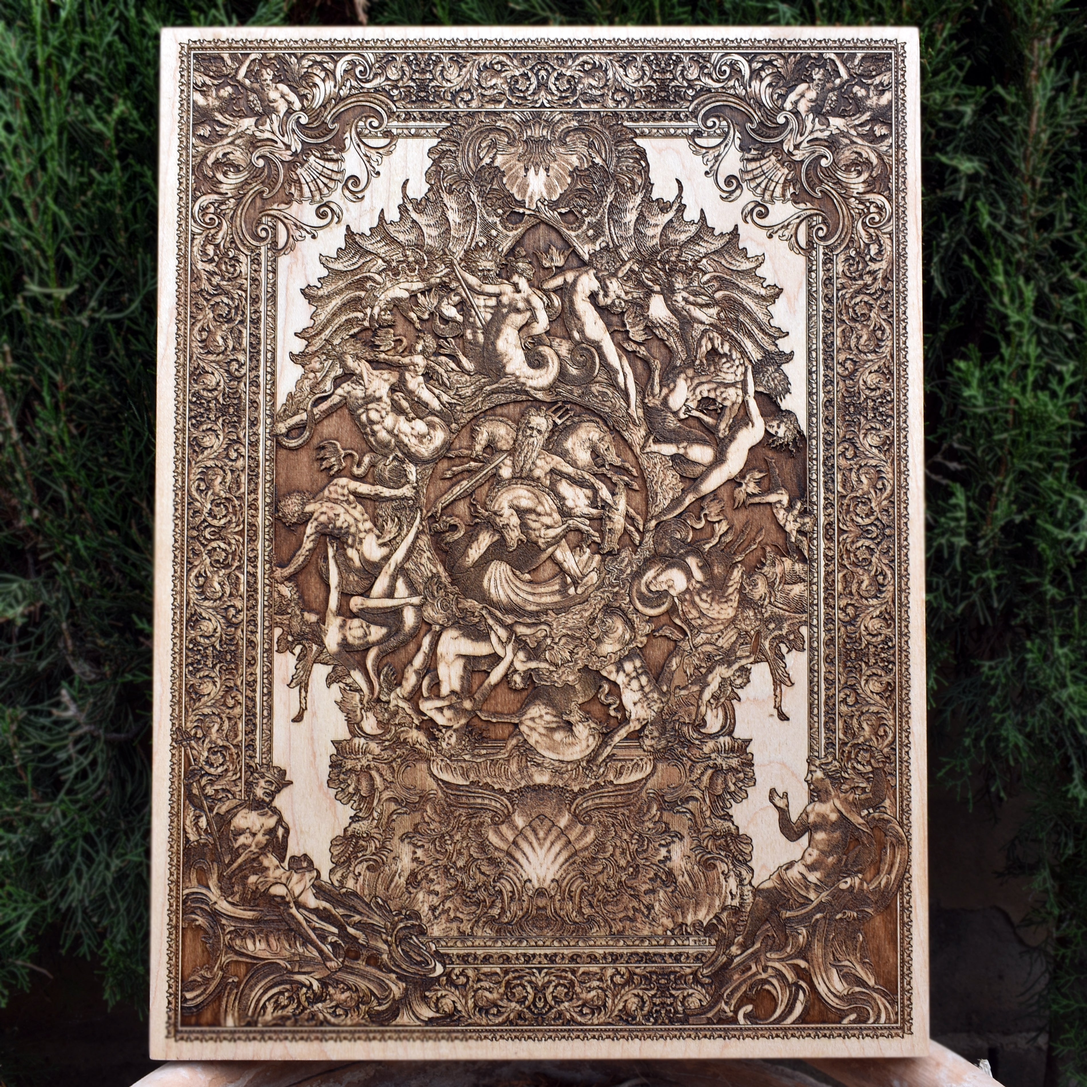 Nautical Neptune god wall art in laser-engraved wood design