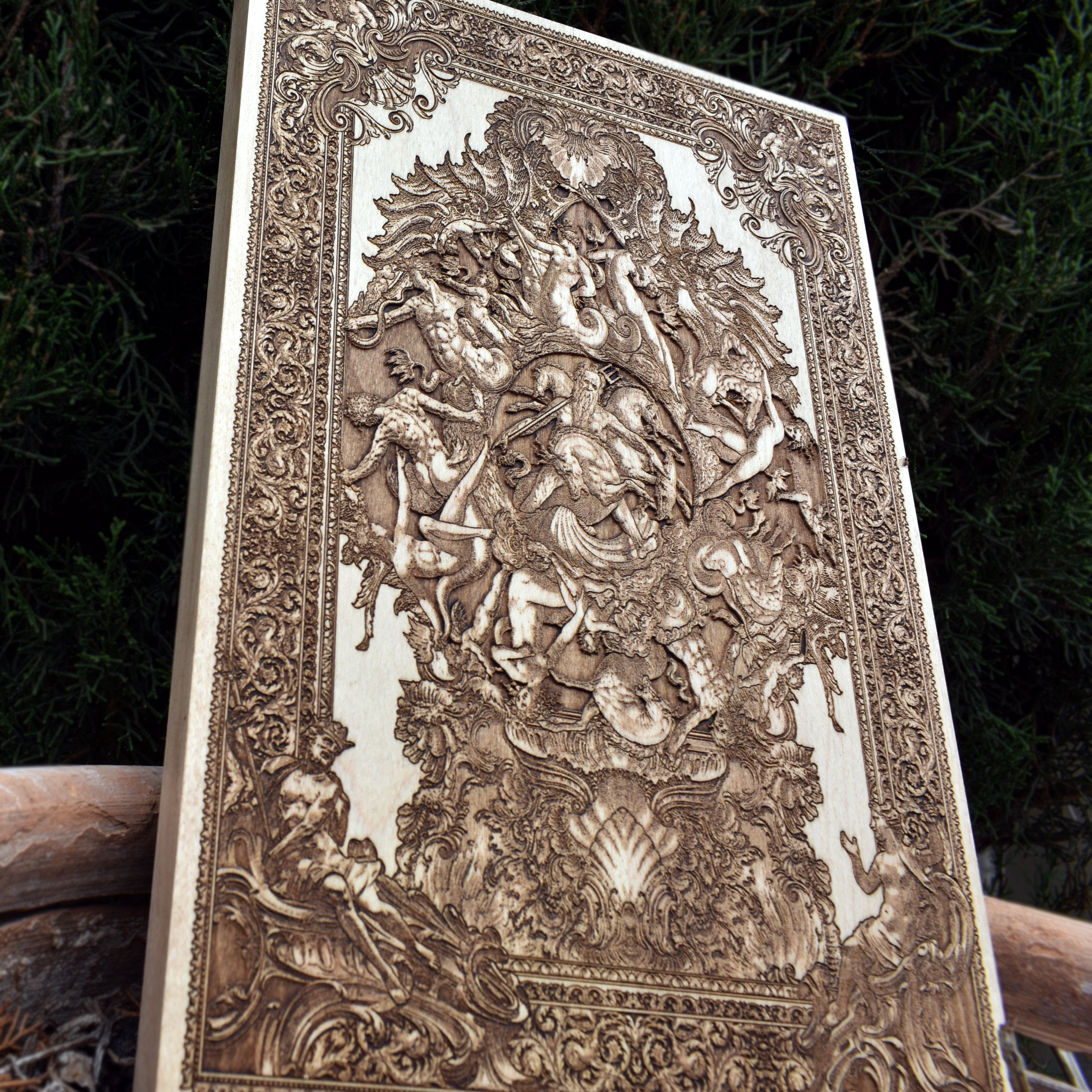 Handcrafted wooden Neptune engraving, nautical ocean god artwork for maritime home decor and sea-inspired wall art.