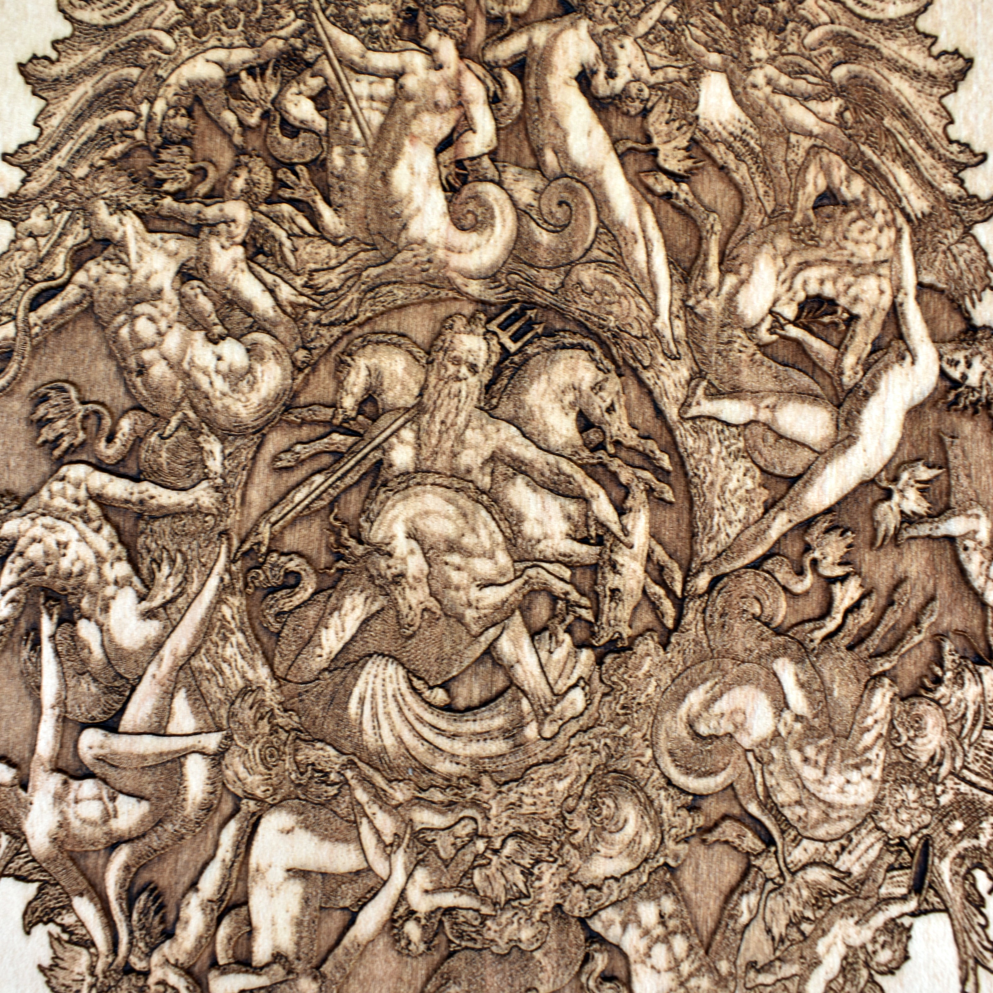 Premium Neptune nautical wood carving, ocean-inspired engraved artwork for maritime wall decor and sea lovers.