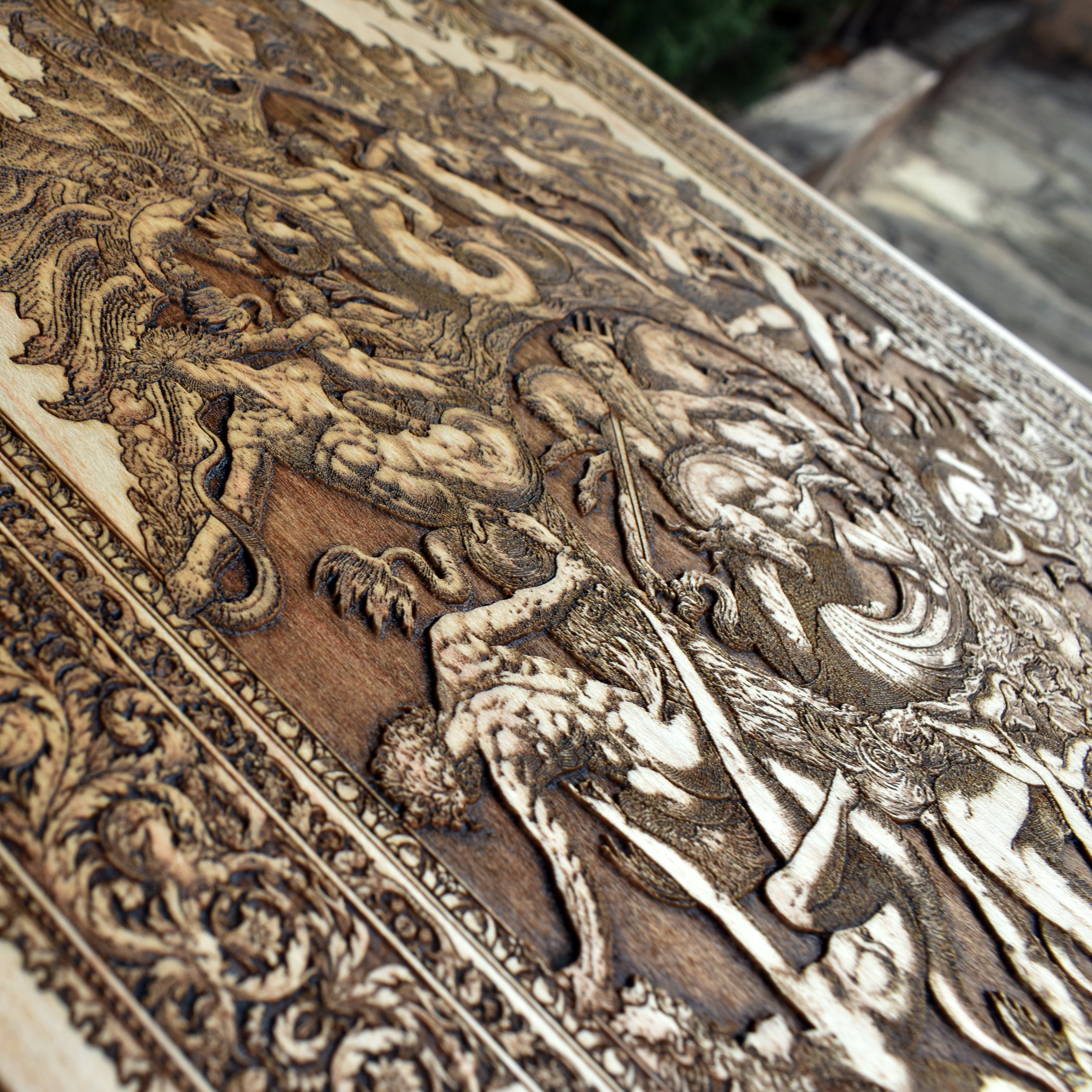 Nautical mythology wood decor with Neptune and ocean motifs