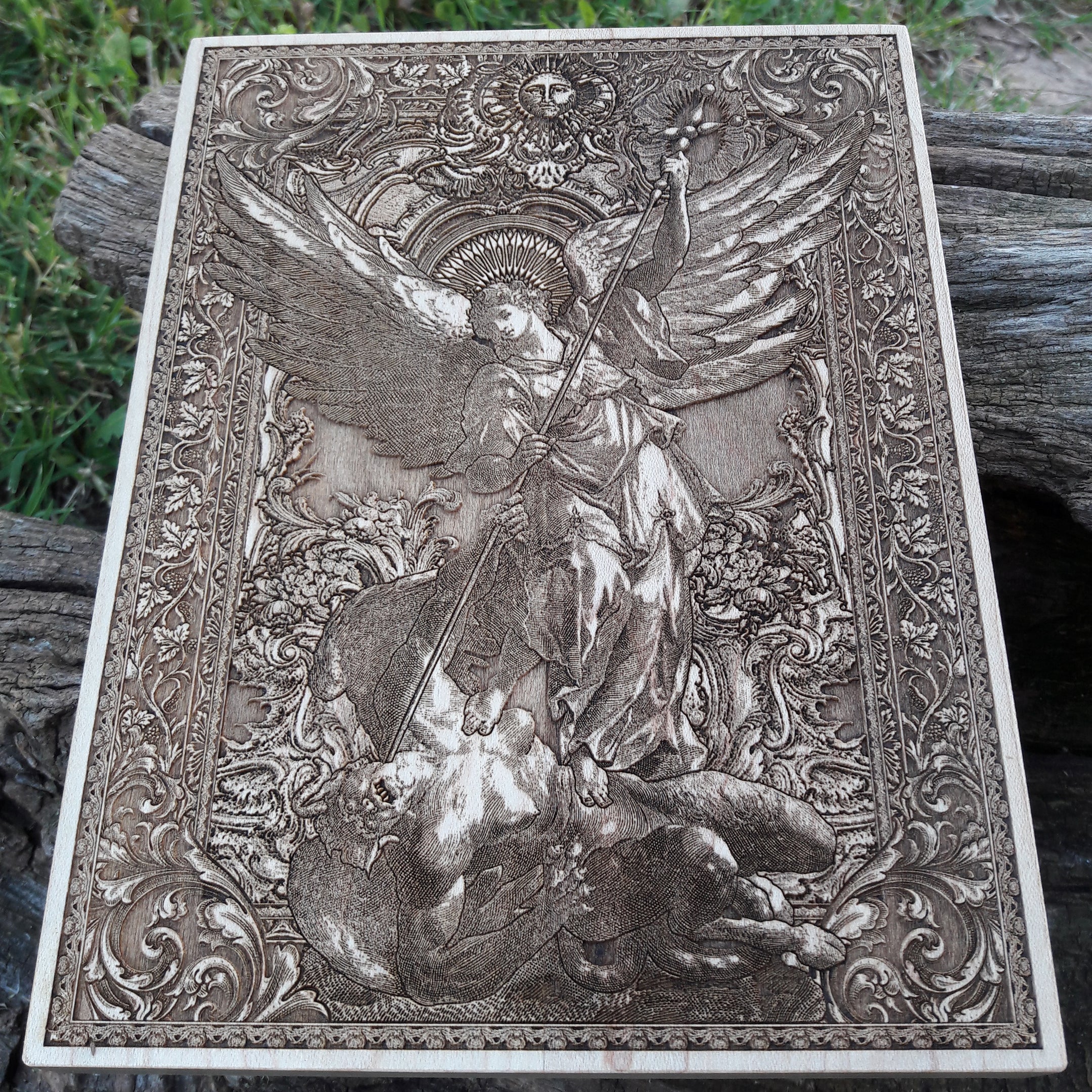 Laser-engraved Saint Michael wood artwork, perfect for Catholic and Christian home decor.