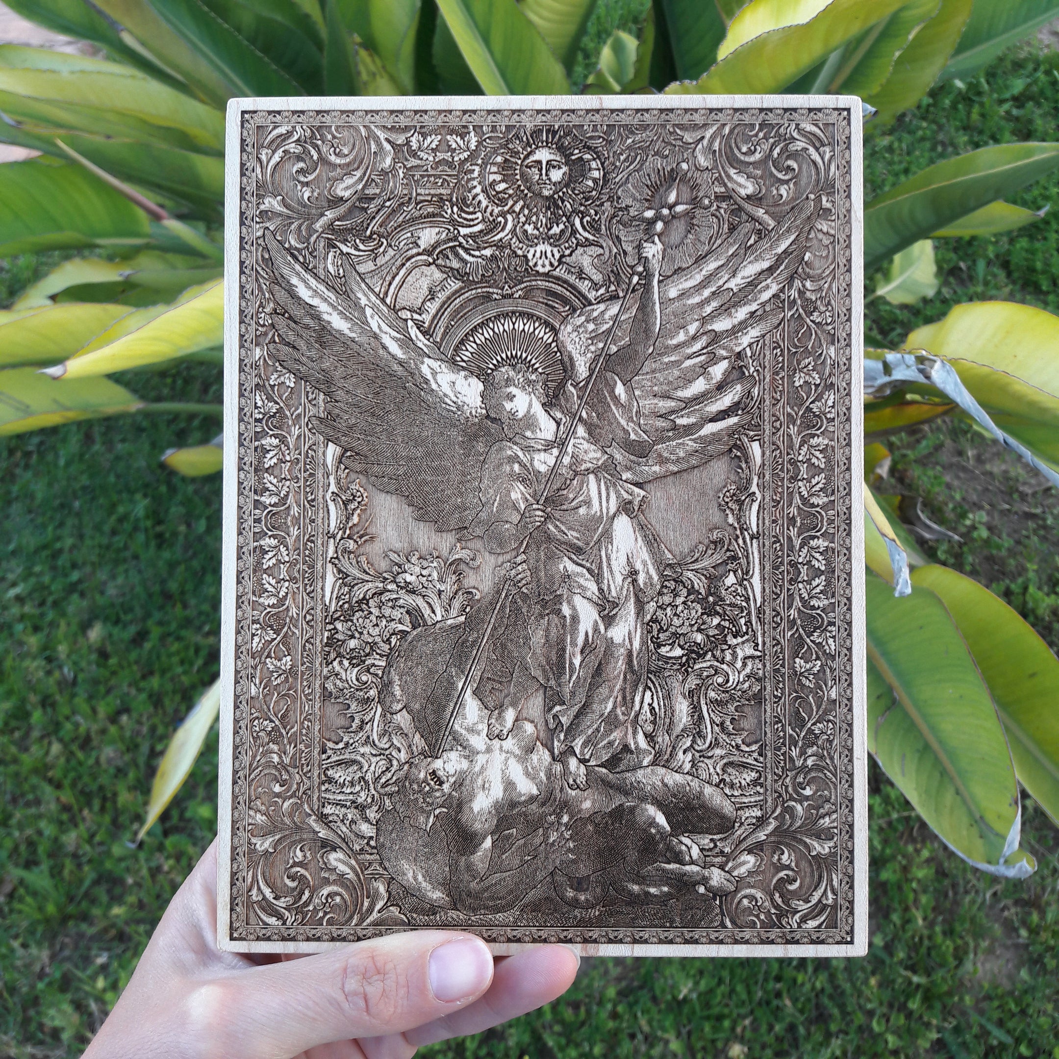 Handmade Saint Michael Archangel wooden plaque for spiritual and religious spaces.