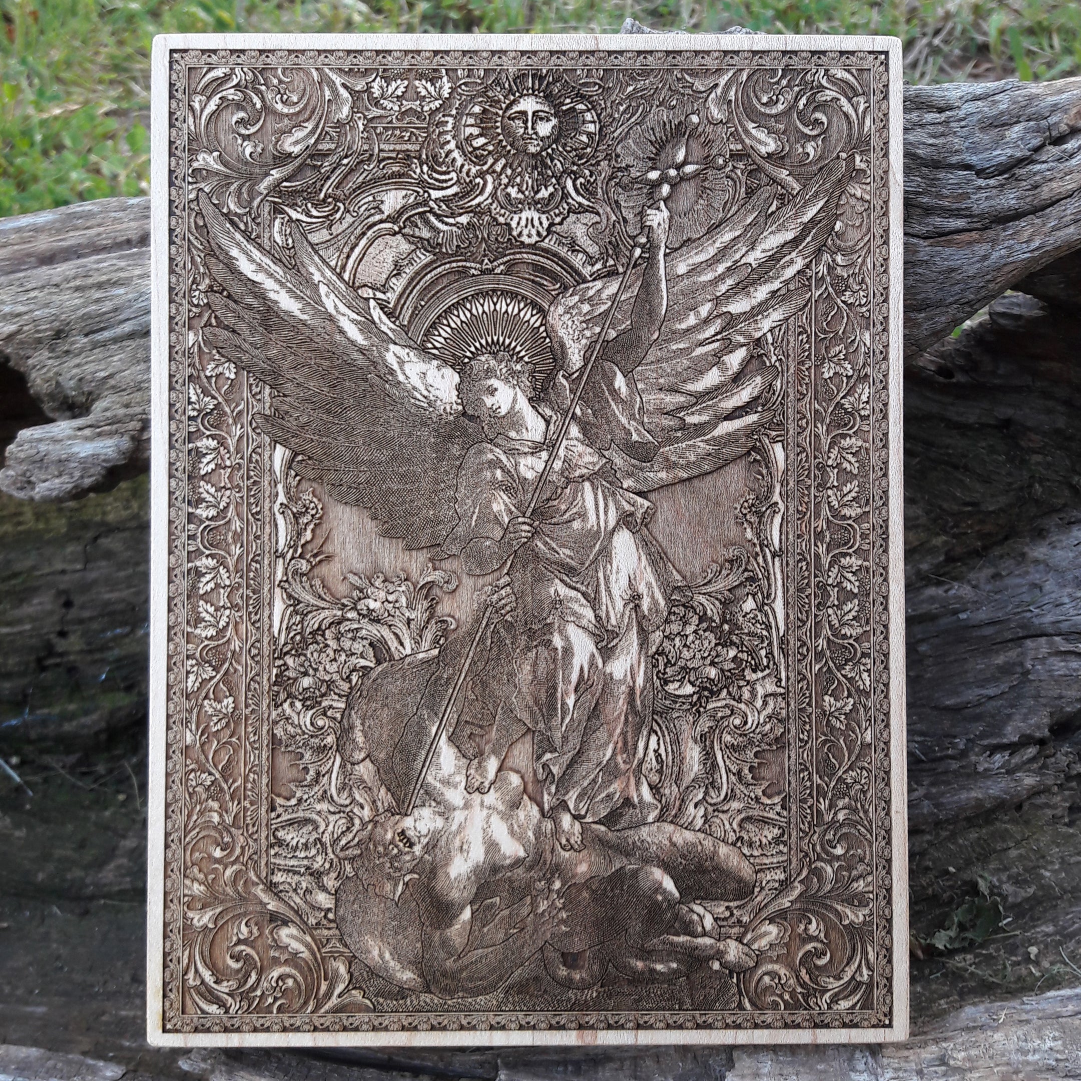 Saint Michael Archangel wood wall art – handcrafted religious decor with detailed engraving.
