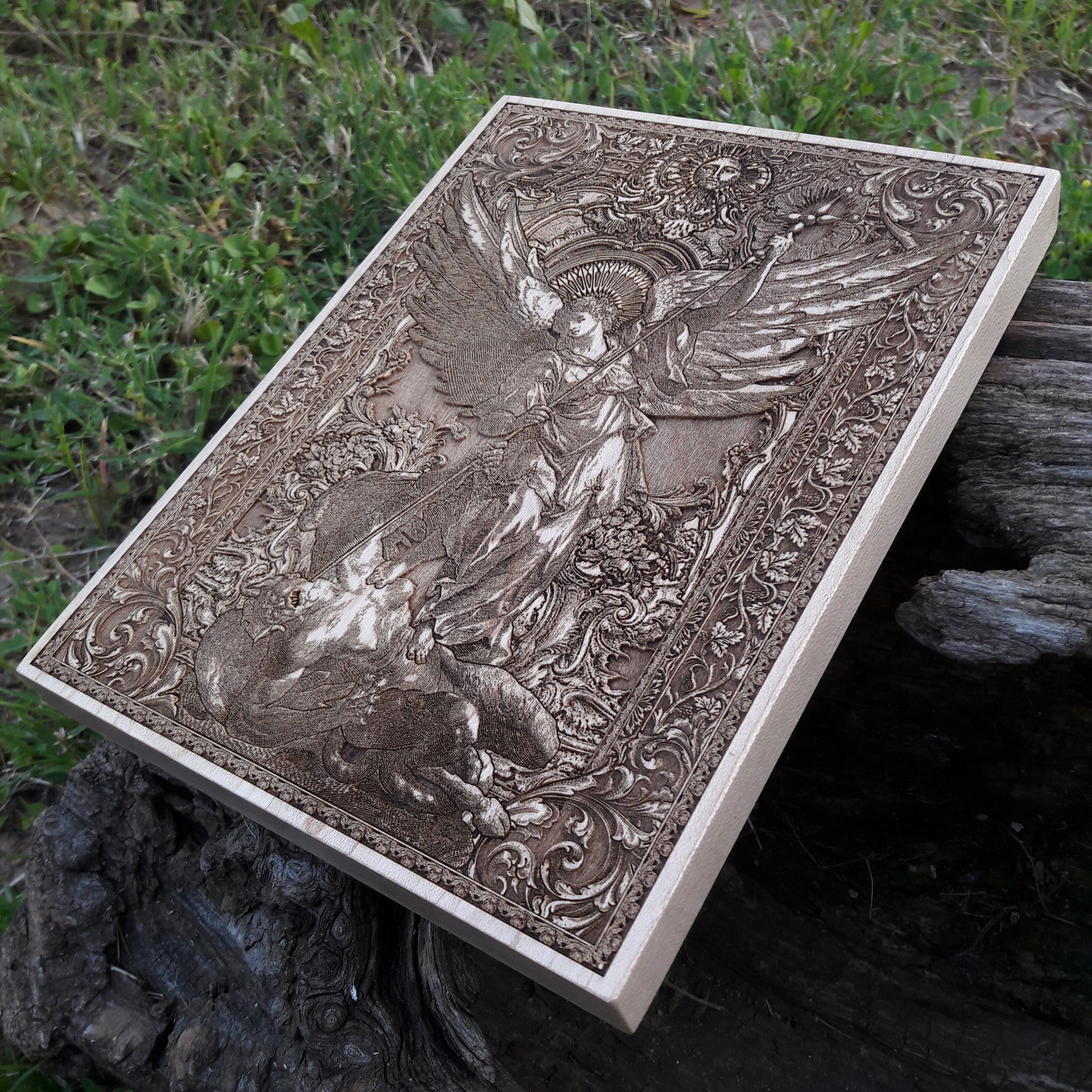 Intricately carved Saint Michael wooden wall decor – perfect Catholic gift idea.