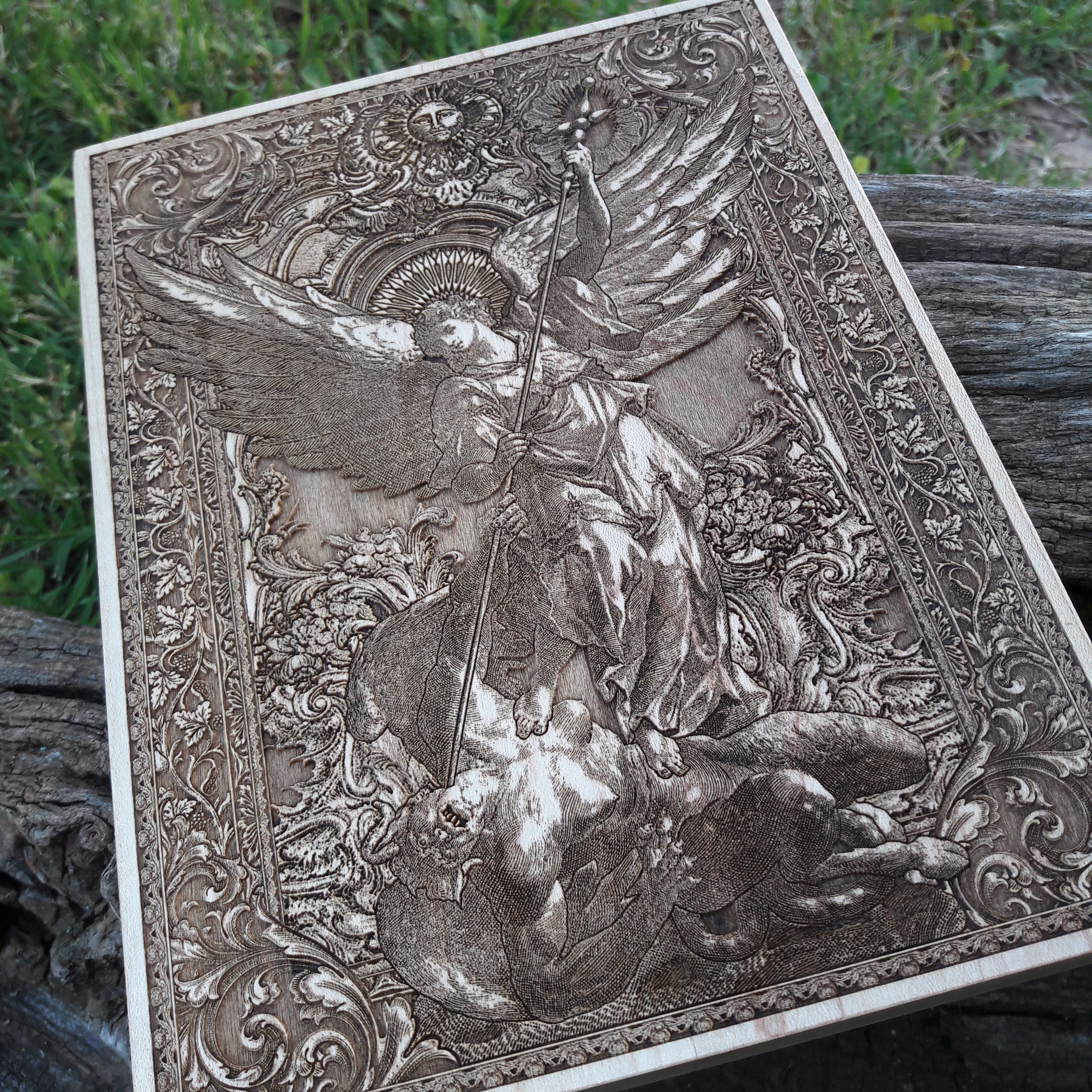 Christian wall art featuring Saint Michael Archangel – finely detailed wood engraving.