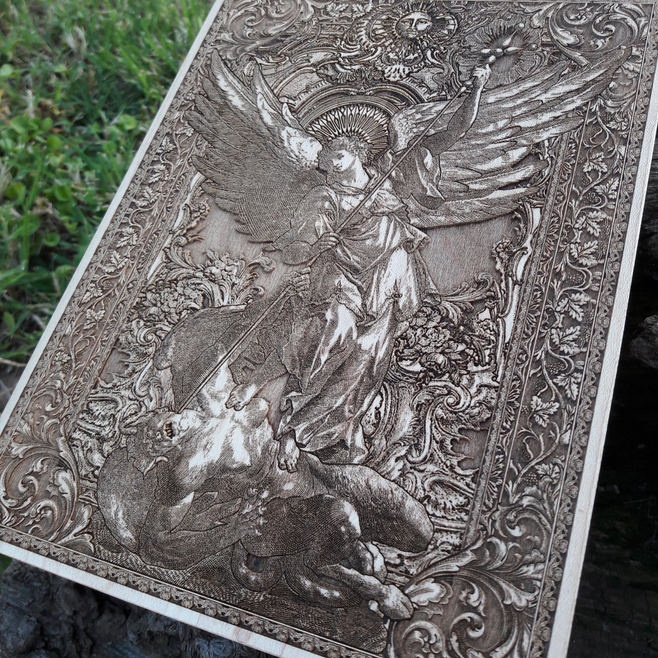 Spiritual home decor – handcrafted wooden Saint Michael artwork for prayer rooms