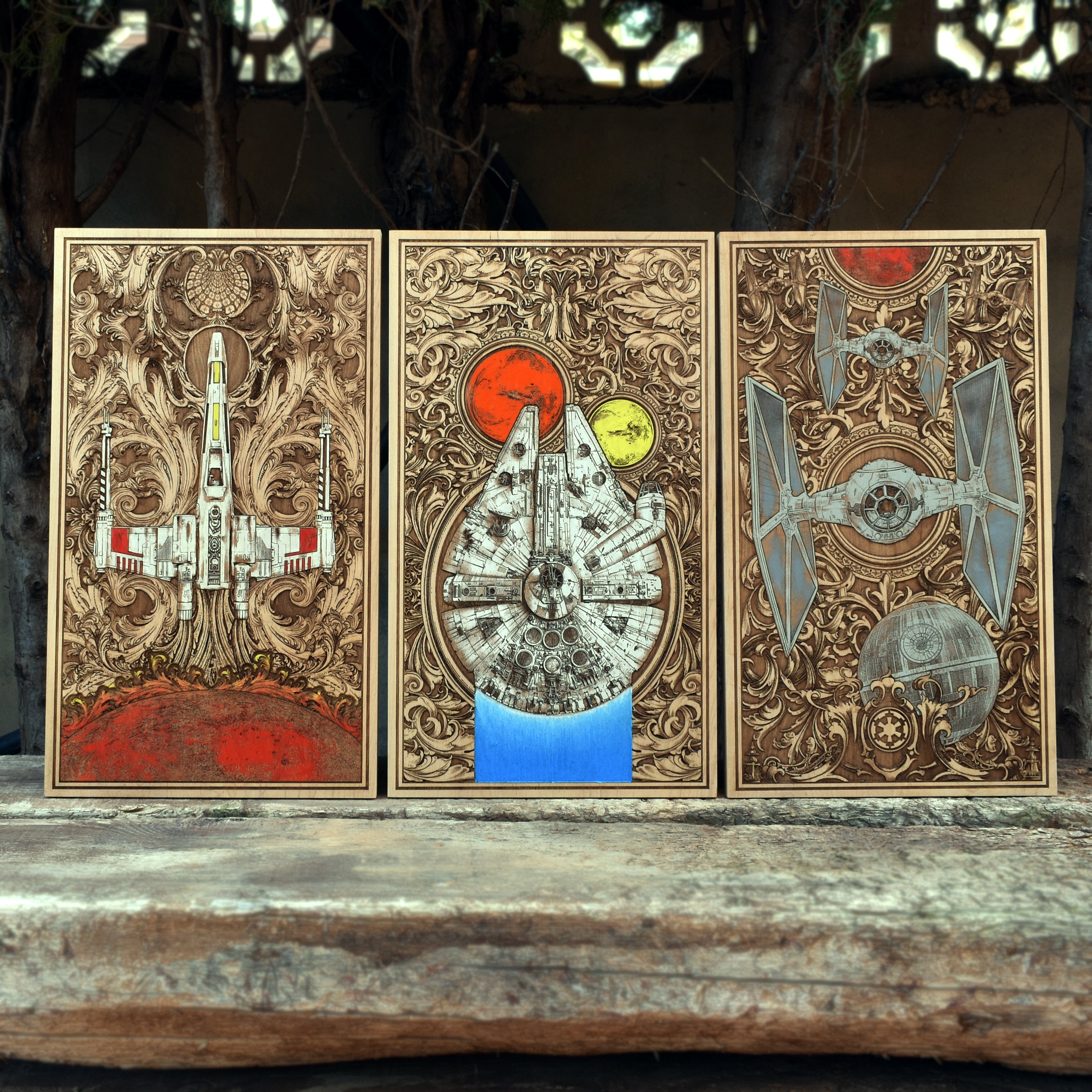 Hand-painted Star Wars wooden triptych featuring Tie Fighter, X-Wing, and Millennium Falcon on maple wood.