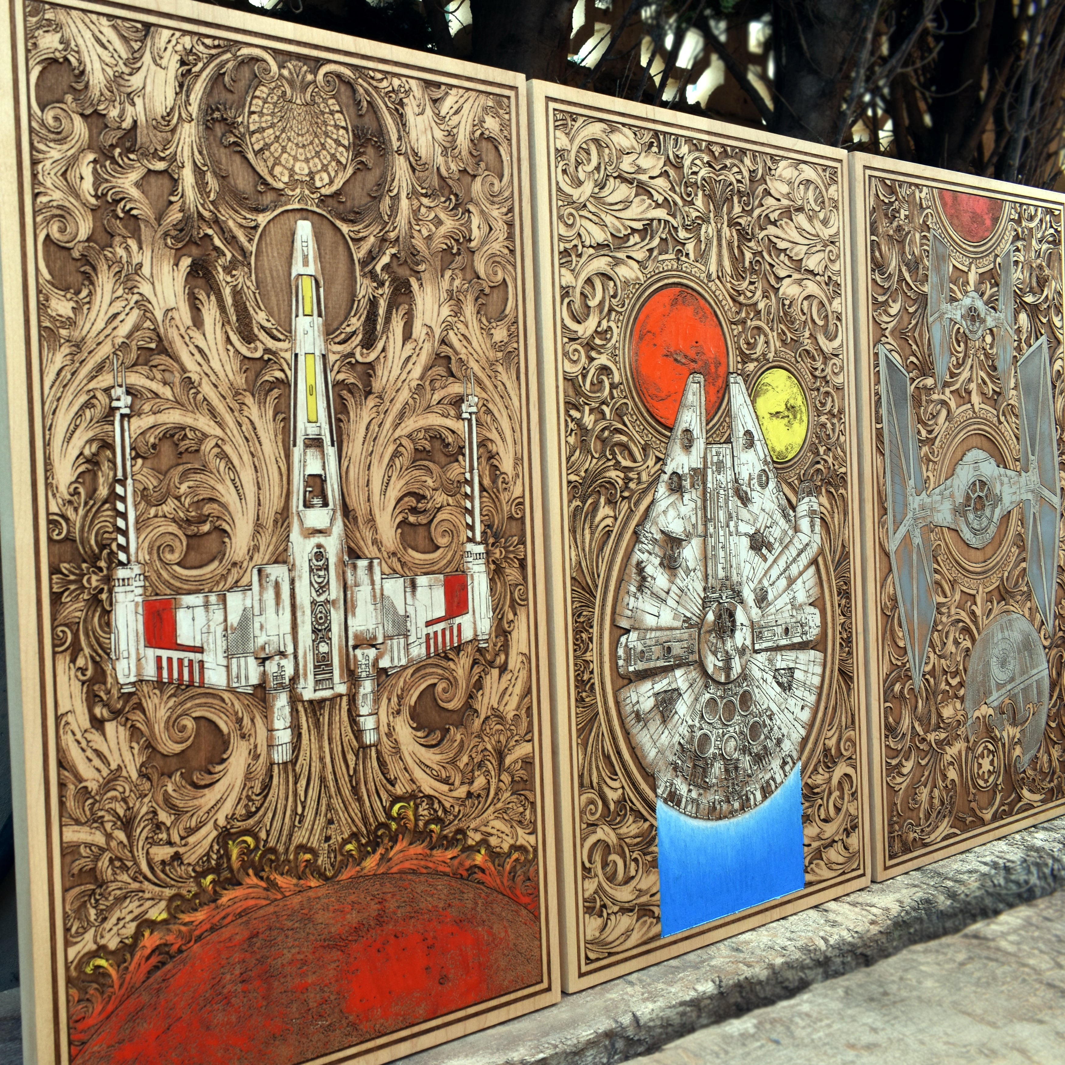 Unique Star Wars wall art on maple wood – a handcrafted triptych with iconic ships.