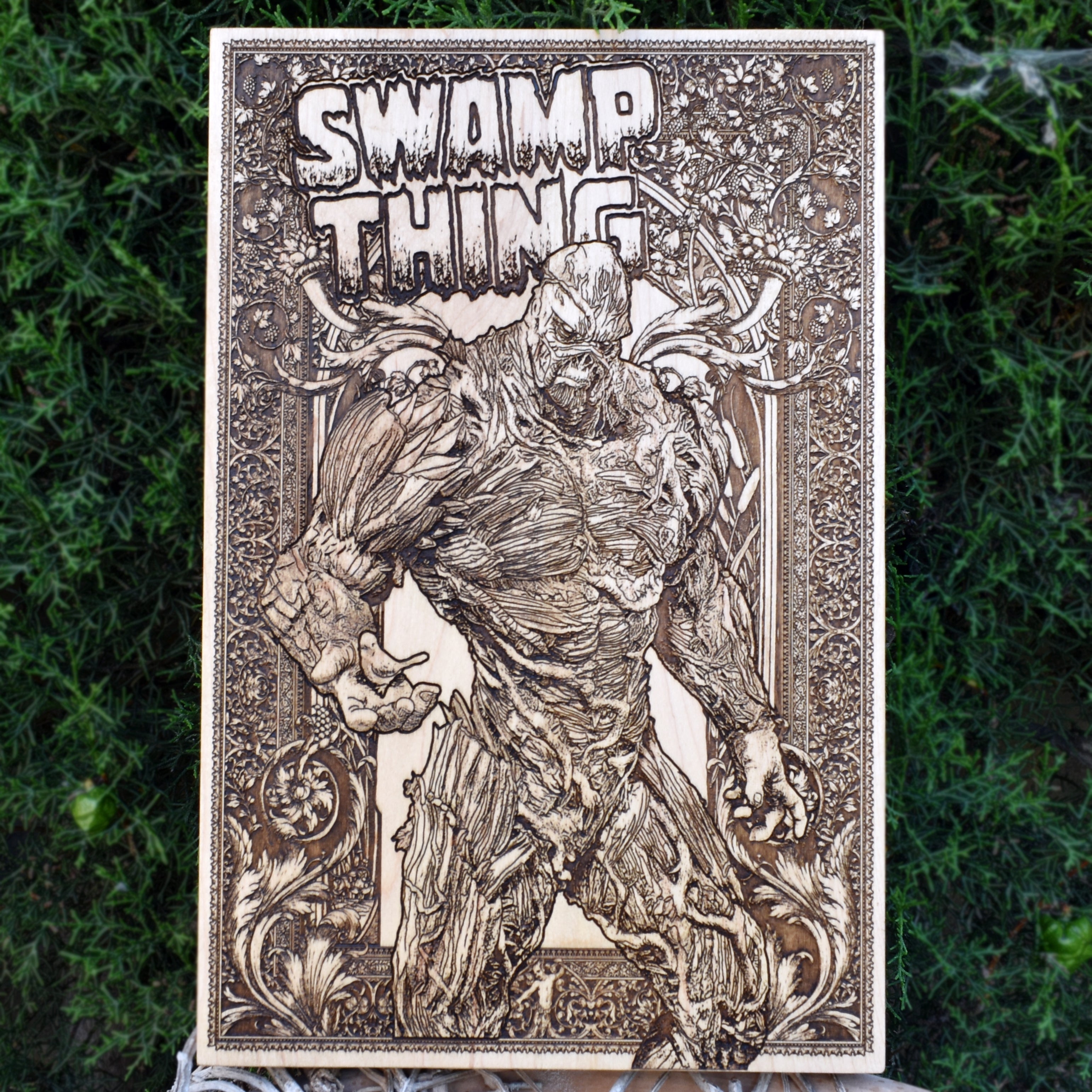 Swamp Thing wood engraving – handcrafted horror artwork, laser-engraved for gothic decor lovers.