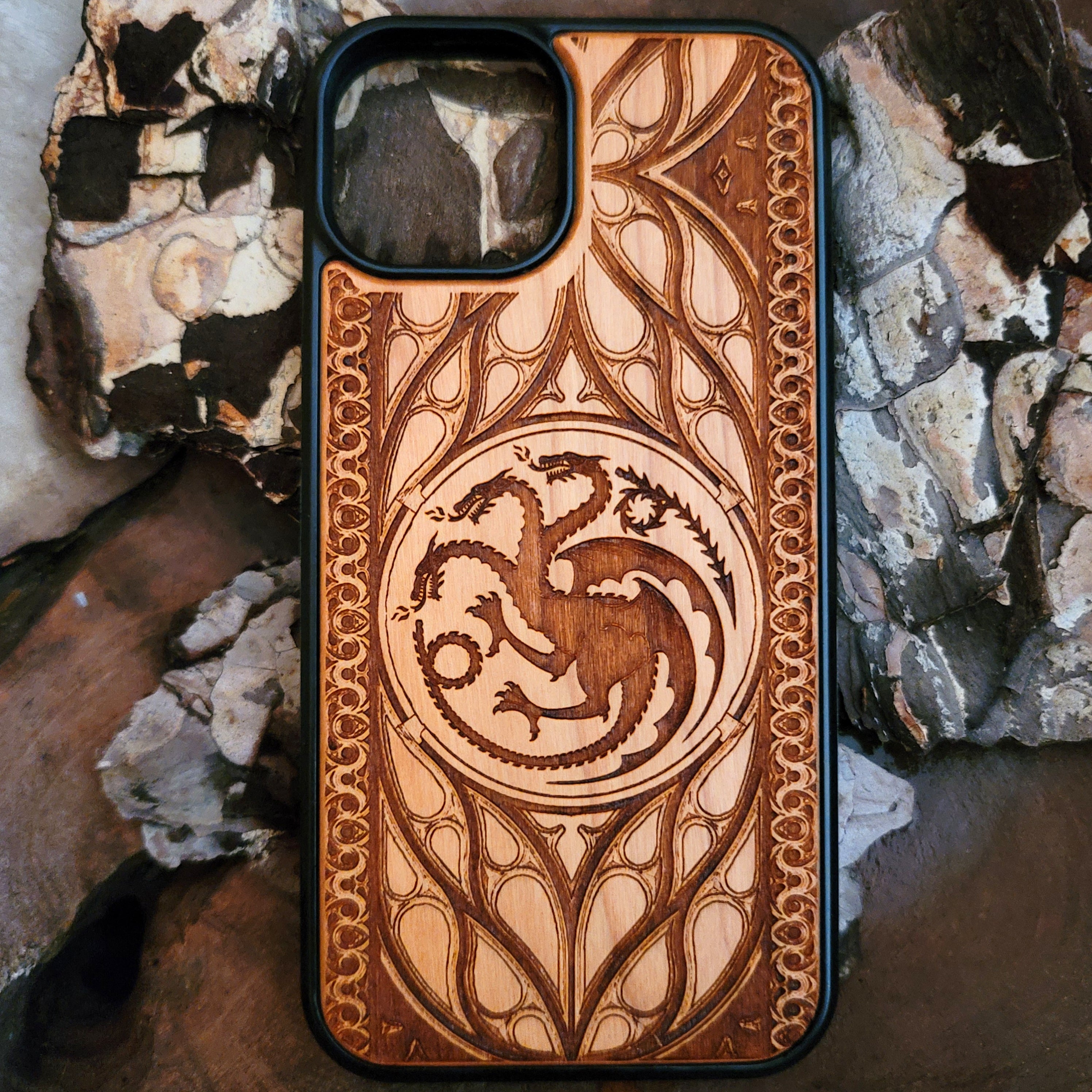 Game of Thrones dragon design wood phone case, handcrafted and laser engraved
