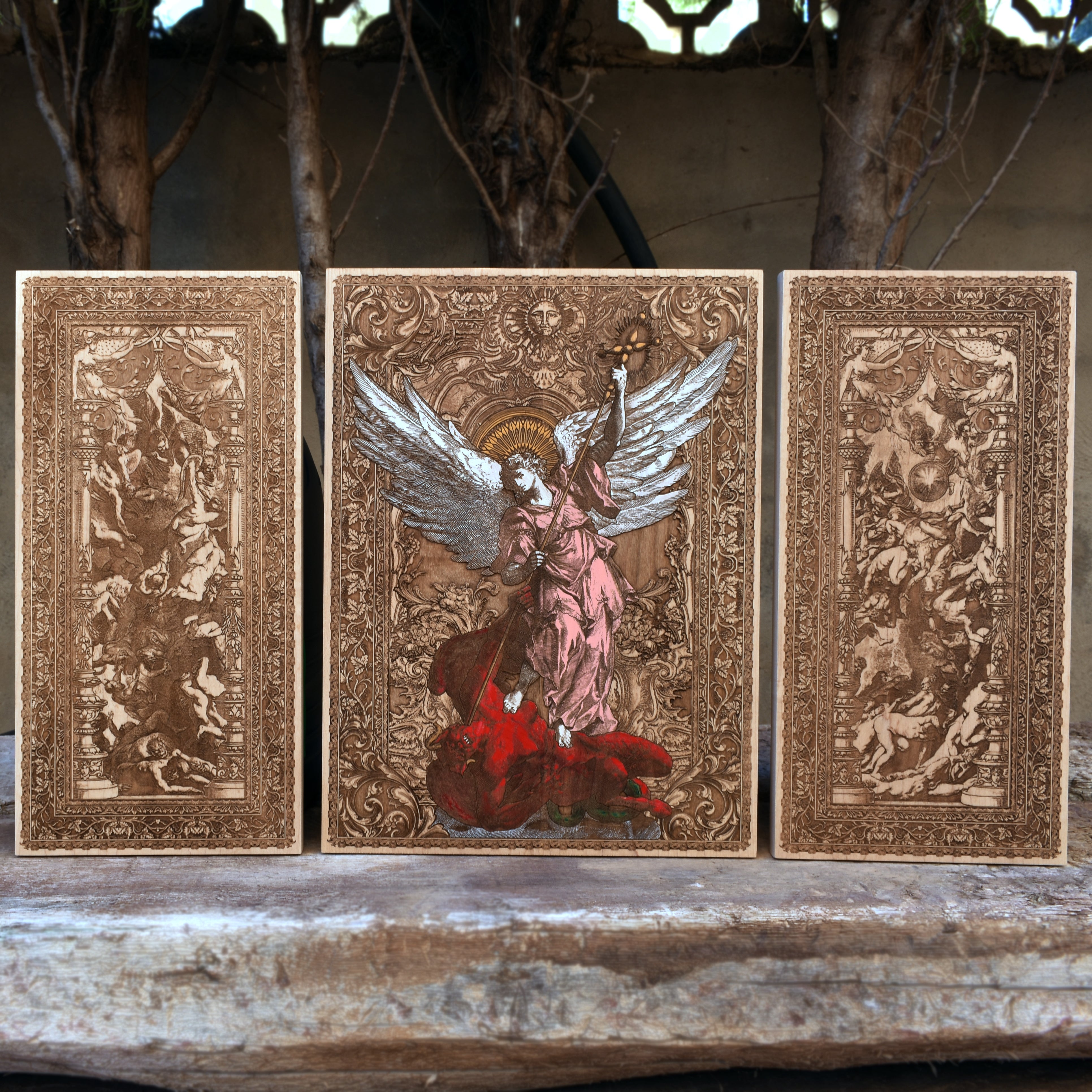 St. Michael the Archangel engraved on maple wood, showcasing the warrior angel defeating evil in a gothic-inspired design. Perfect for religious and dark art lovers.
