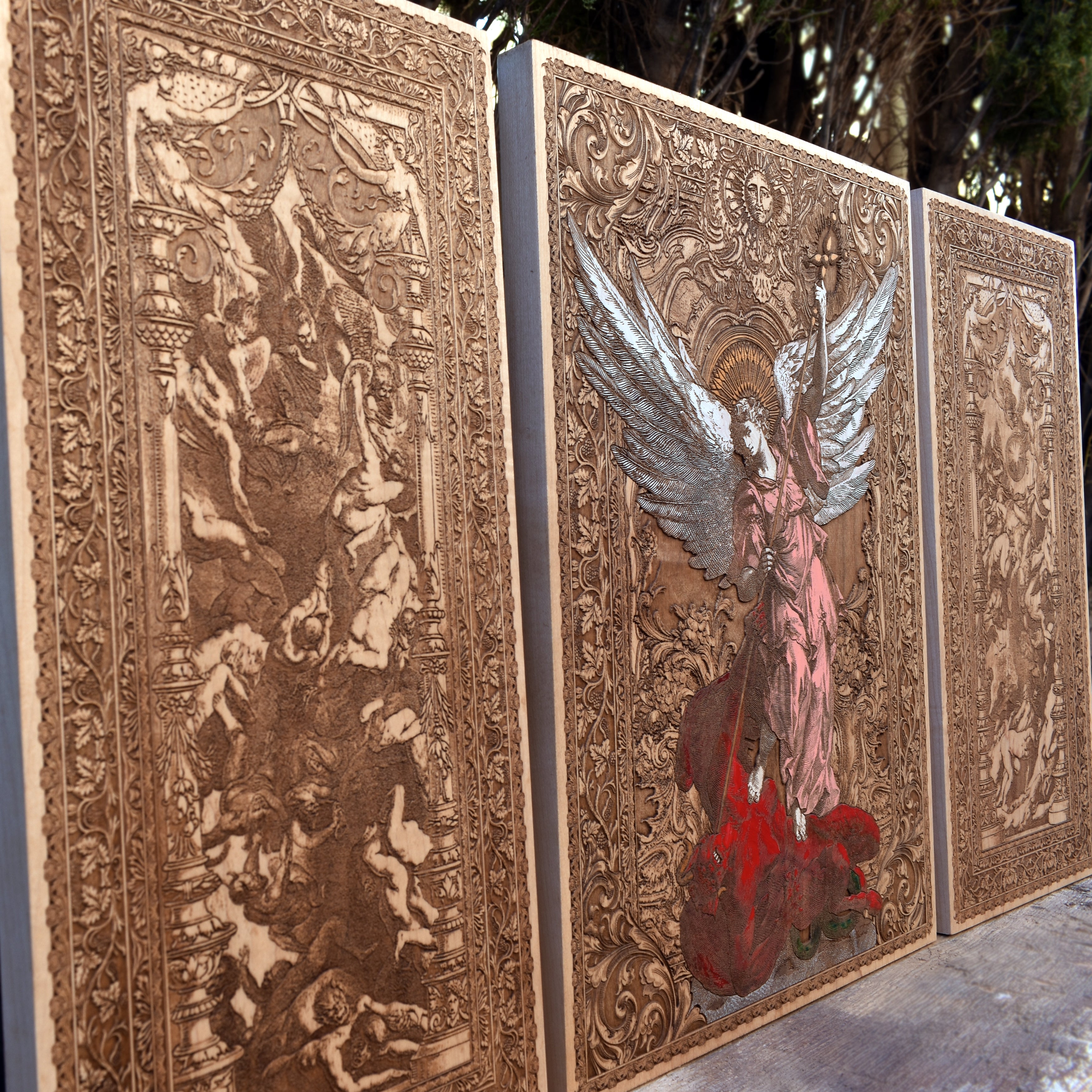 Gothic maple wood artwork featuring St. Michael the Archangel in battle, symbolizing divine justice and protection. A striking spiritual decor piece.
