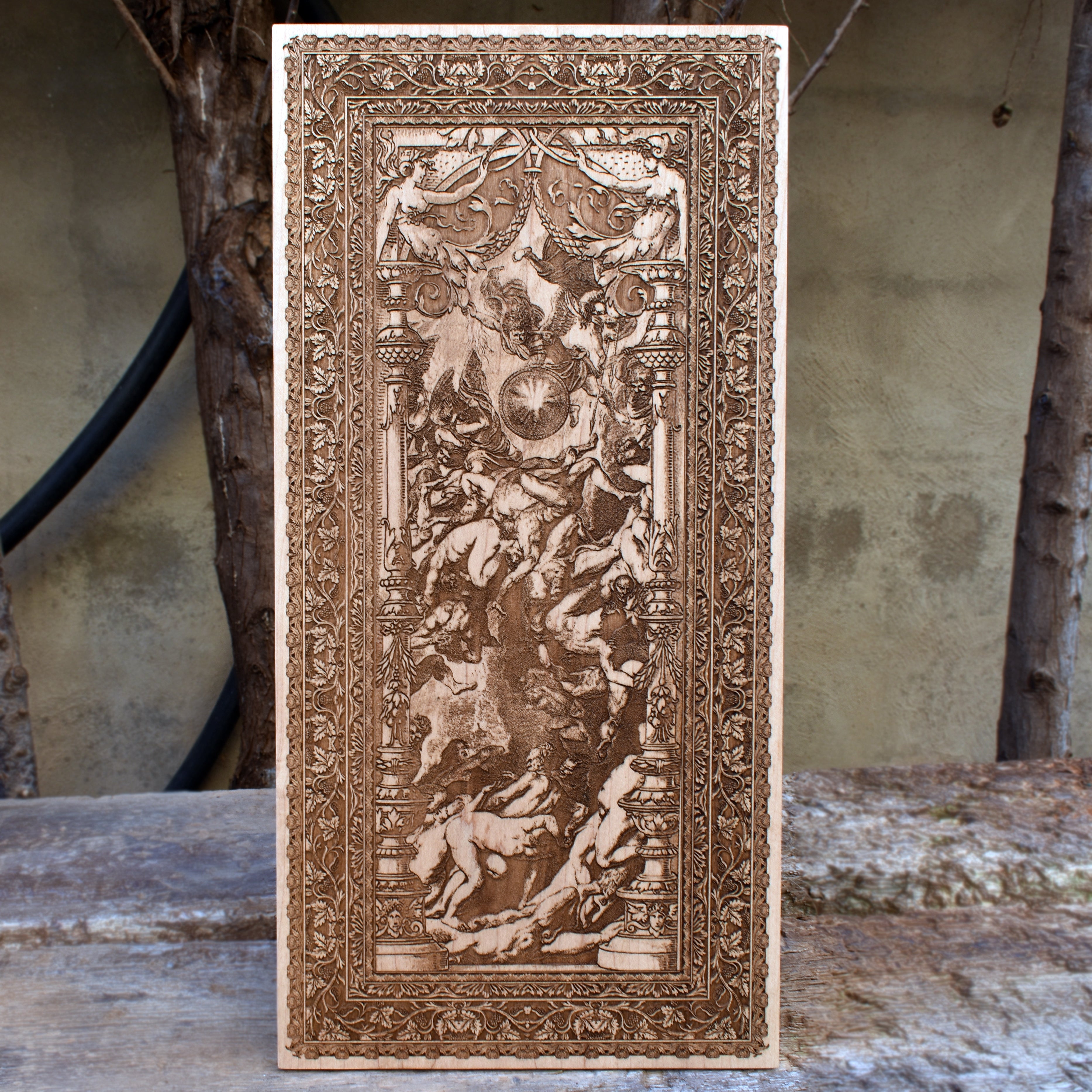 Intricately engraved St. Michael the Archangel on premium maple wood, capturing the angel’s strength and power in gothic artistic detail.