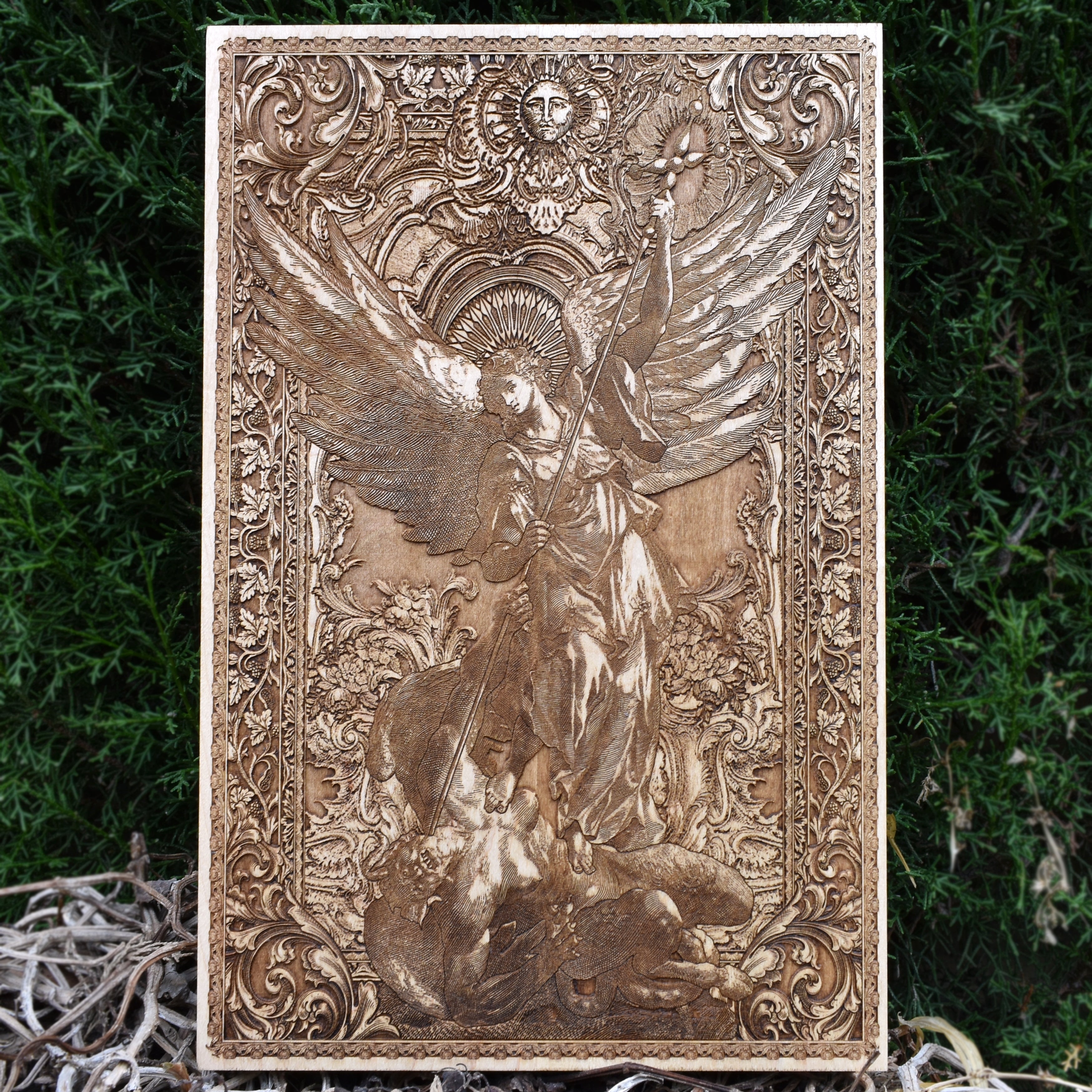 Saint Michael Archangel wood engraving - spiritual wall art for protection and blessings.